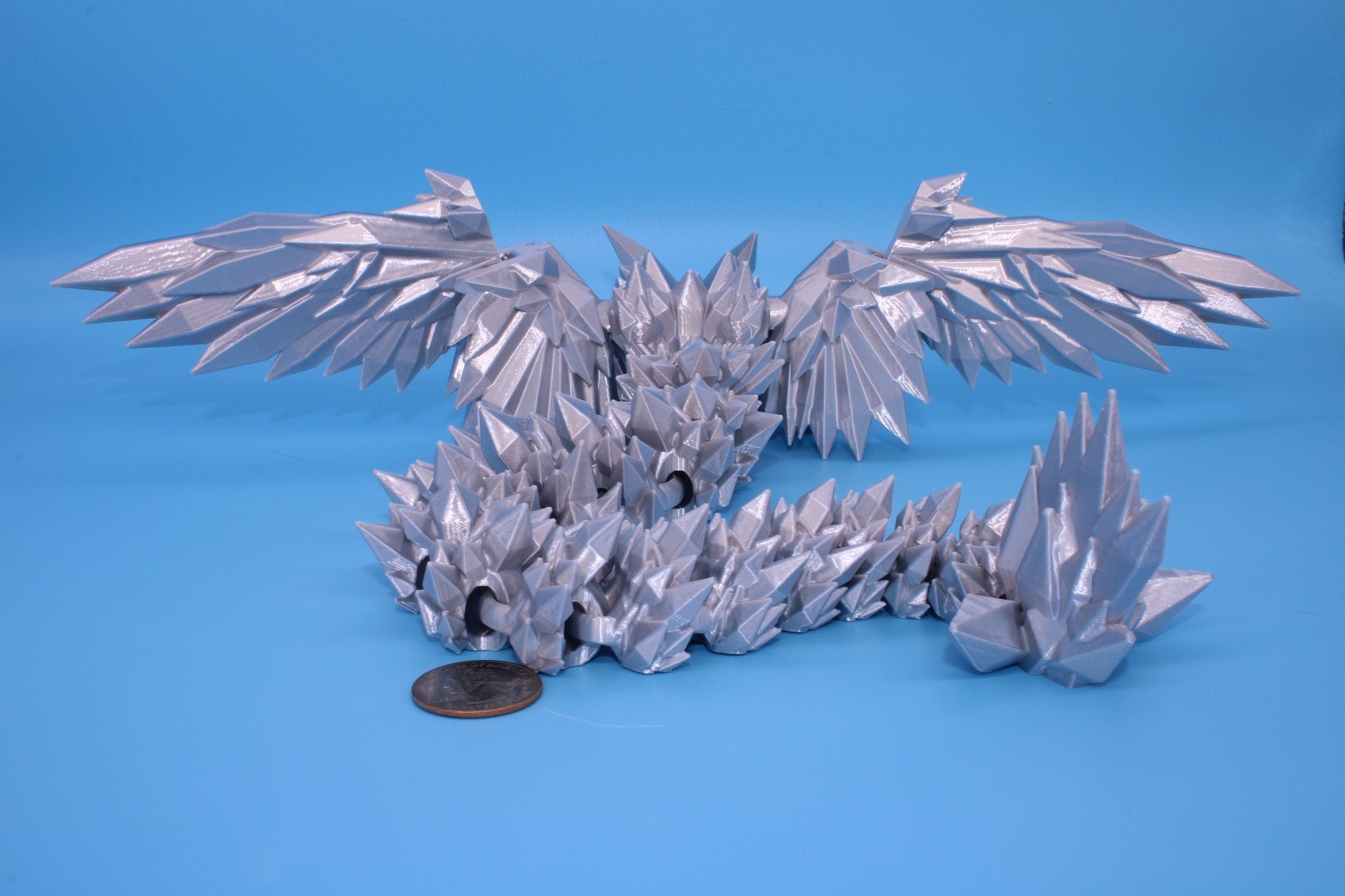 Silver color Crystal Winged Dragon | Crystal Winged Dragon 3D printed | Articulating Dragon Fidget | Flexi Toy 18 in. | Stress Relief, Gift.