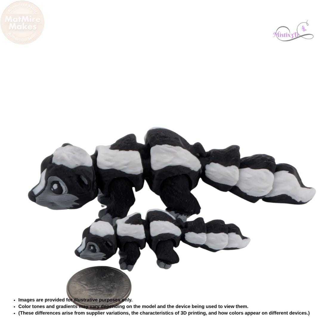 Articulated 3D Printed Skunk Figurine, Posable Animal Toy, Black and White