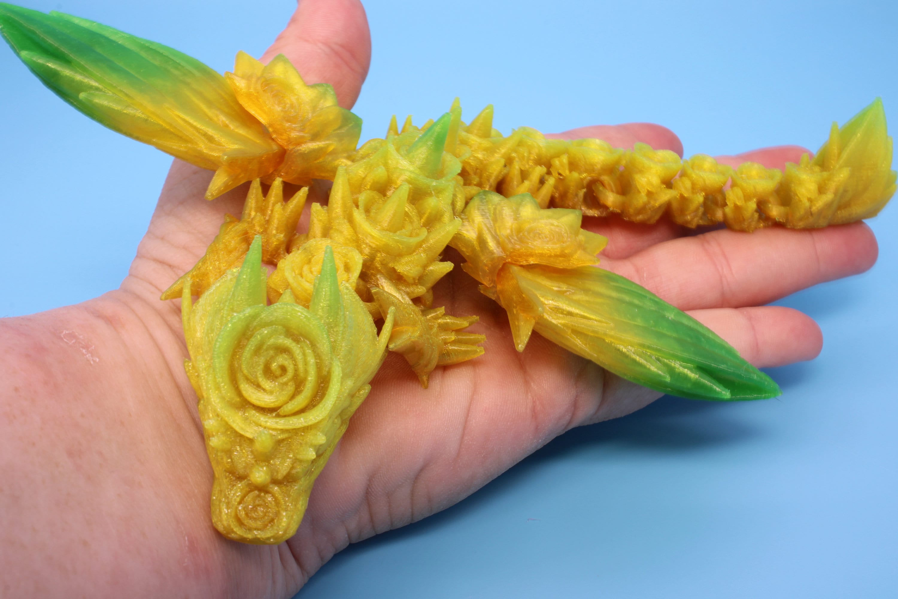 Flexible Miniature Baby Rose Wing Dragon | Rainbow | 3D printed articulating Toy Fidget | Flexi Toy 8.5 in. head to tail | Stress Relief.