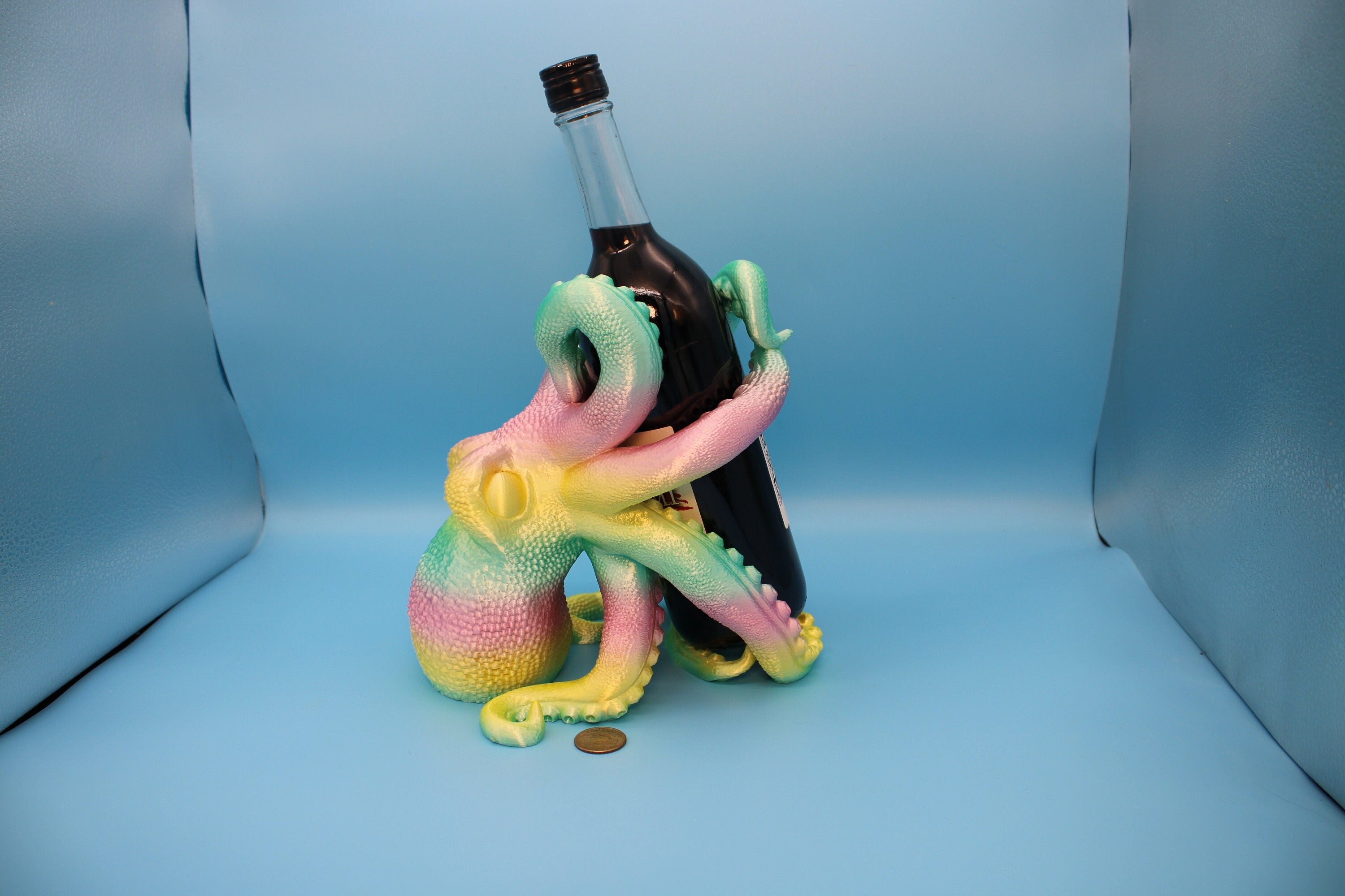Rainbow Cute Octopus | Wine Bottle Holder | Bottle Display | 3D Printed Art | Holds Wine Bottles 750ml. standard size 9.5 in. circumference.