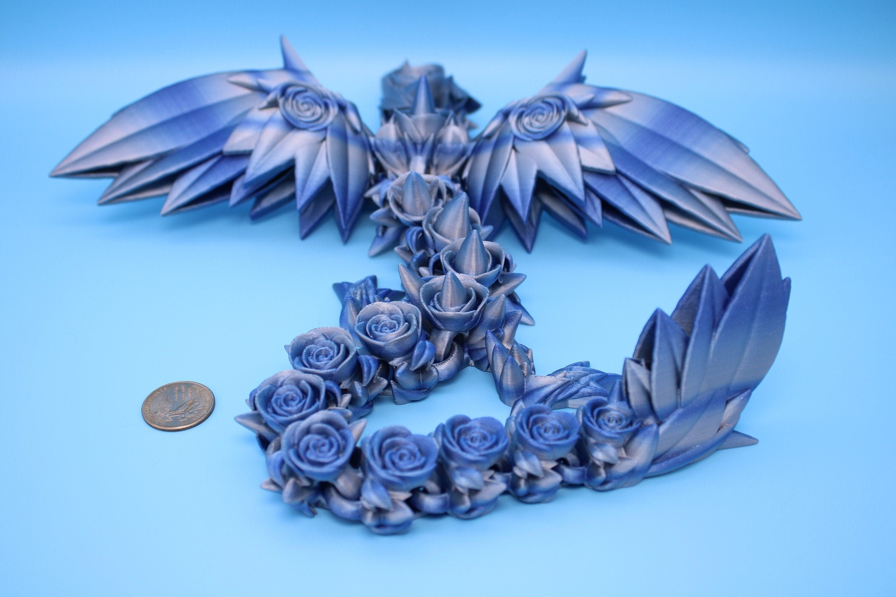 Blue / Silver Rose Wing Articulating Dragon | 3D Printed Fidget | Flexi Toy | Adult Fidget Toy | Sensory Desk Toy | 19 in. | Valentines Day