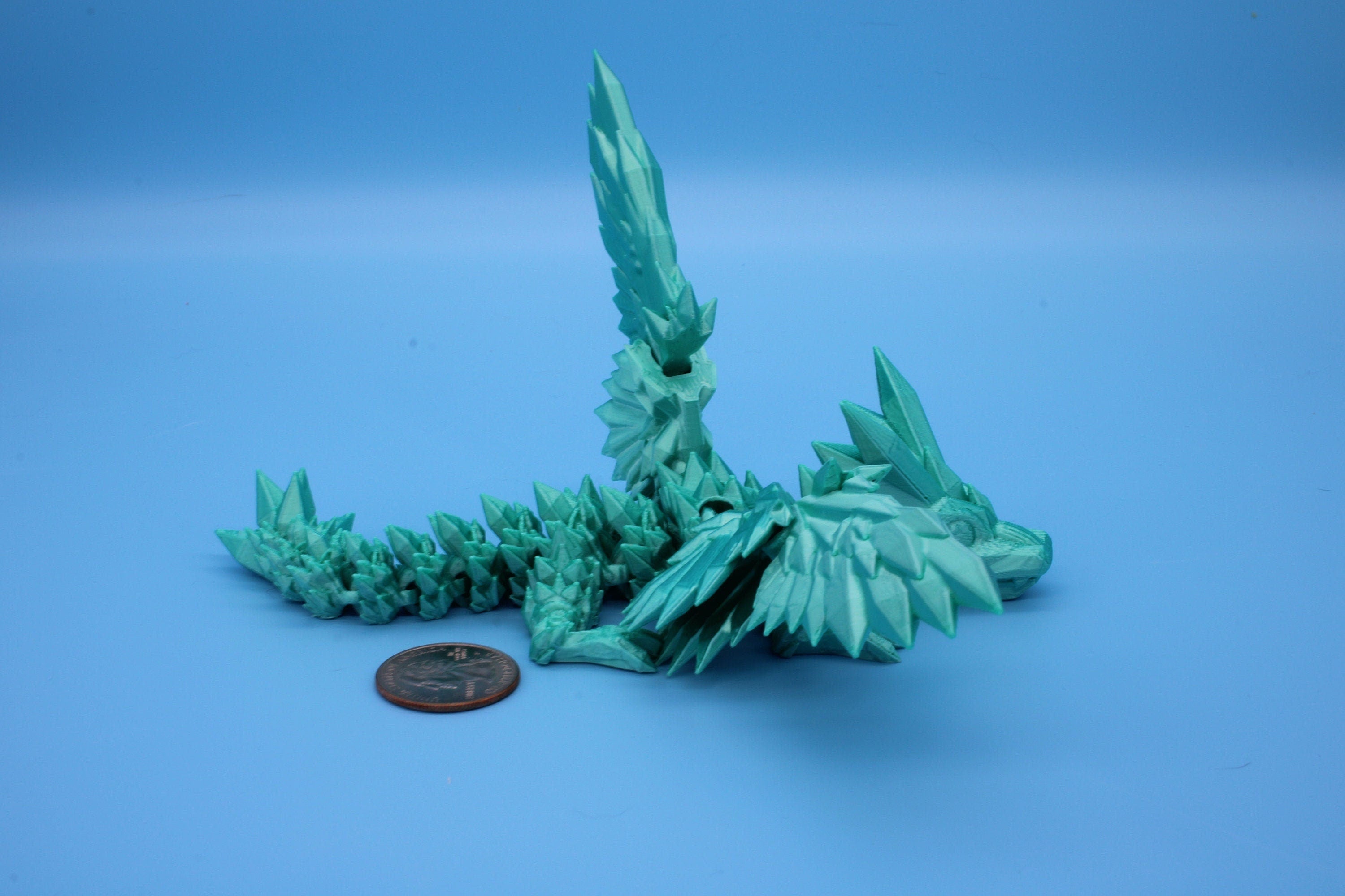 Miniature Teal Crystal Winged Dragon | 3D printed articulating dragon Fidget | Flexi Toy 7 in. head to tail | Stress Relief Gift