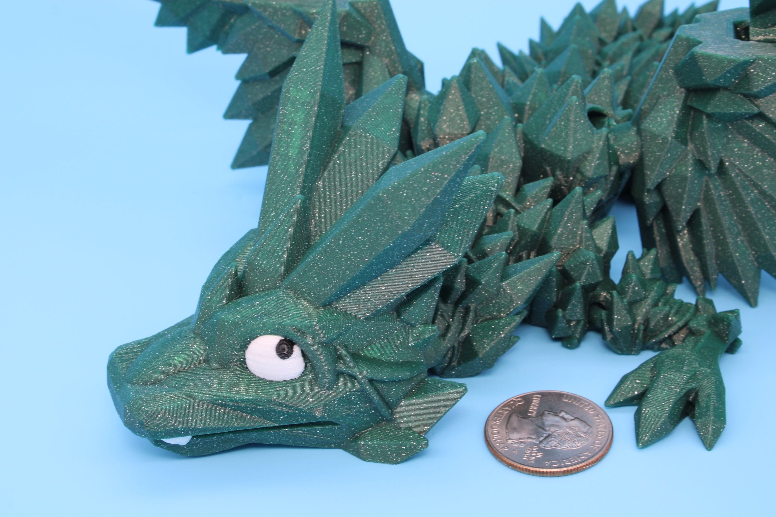 Green Sparkle Baby Crystal Winged Dragon | 3D printed articulating | Fidget Toy | Flexi Toy | 11.5 in. | Stress Relief | Dragon Gift.