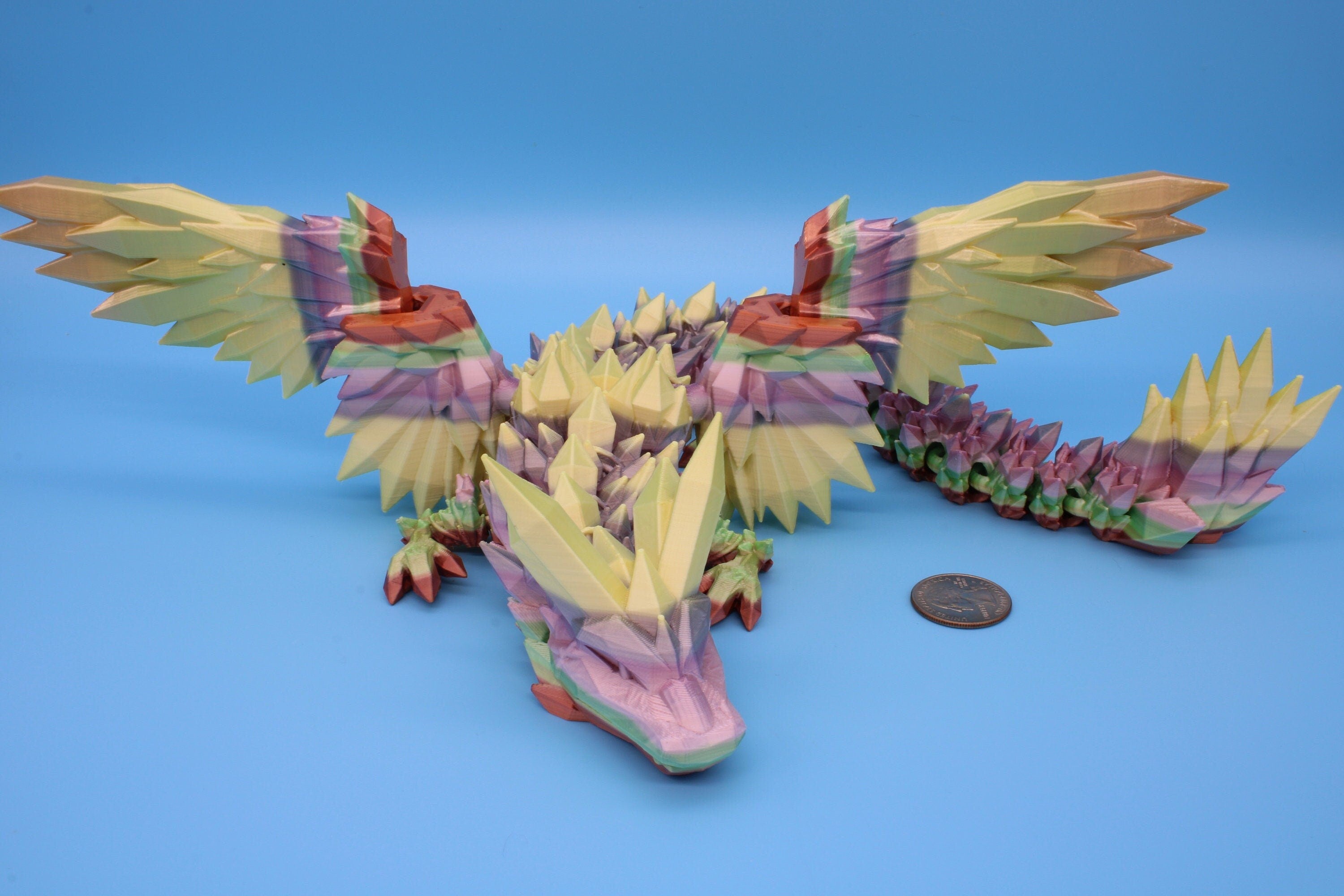 Flawed Rainbow Crystal Winged Dragon. Crystal Wing Dragon 3D printed articulating dragon. flexi Toy, 18 in. Stress Relief, Gift.