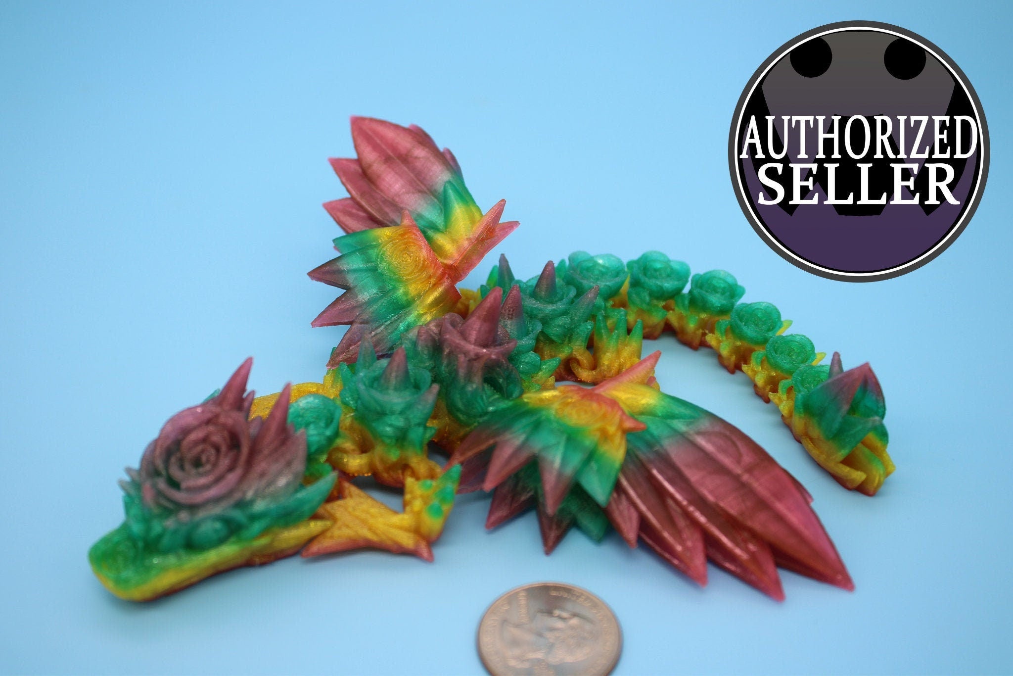 Flexible Miniature Baby Rose Wing Dragon | Rainbow | 3D printed articulating Toy Fidget | Flexi Toy 8.5 in. head to tail | Stress Relief.