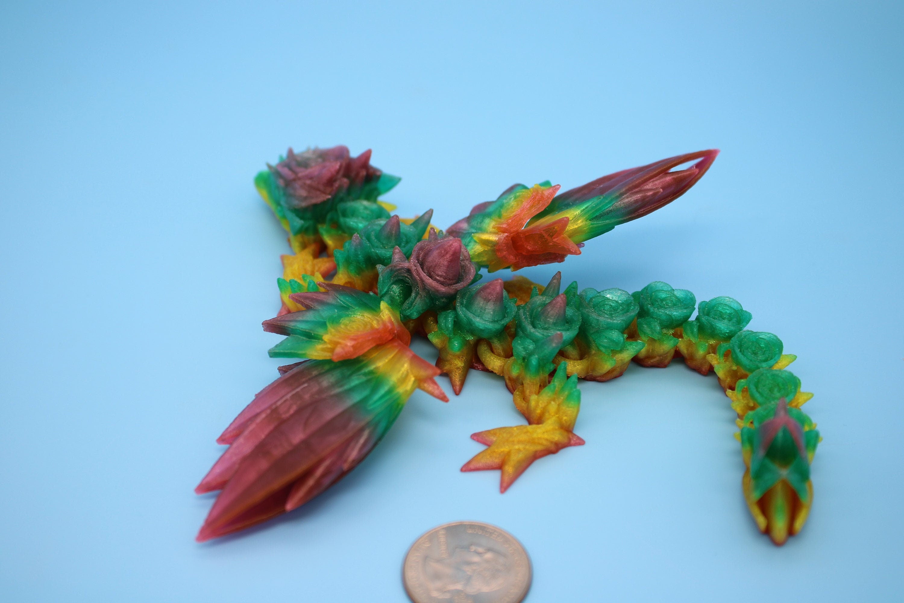 Flexible Miniature Baby Rose Wing Dragon | Rainbow | 3D printed articulating Toy Fidget | Flexi Toy 8.5 in. head to tail | Stress Relief.