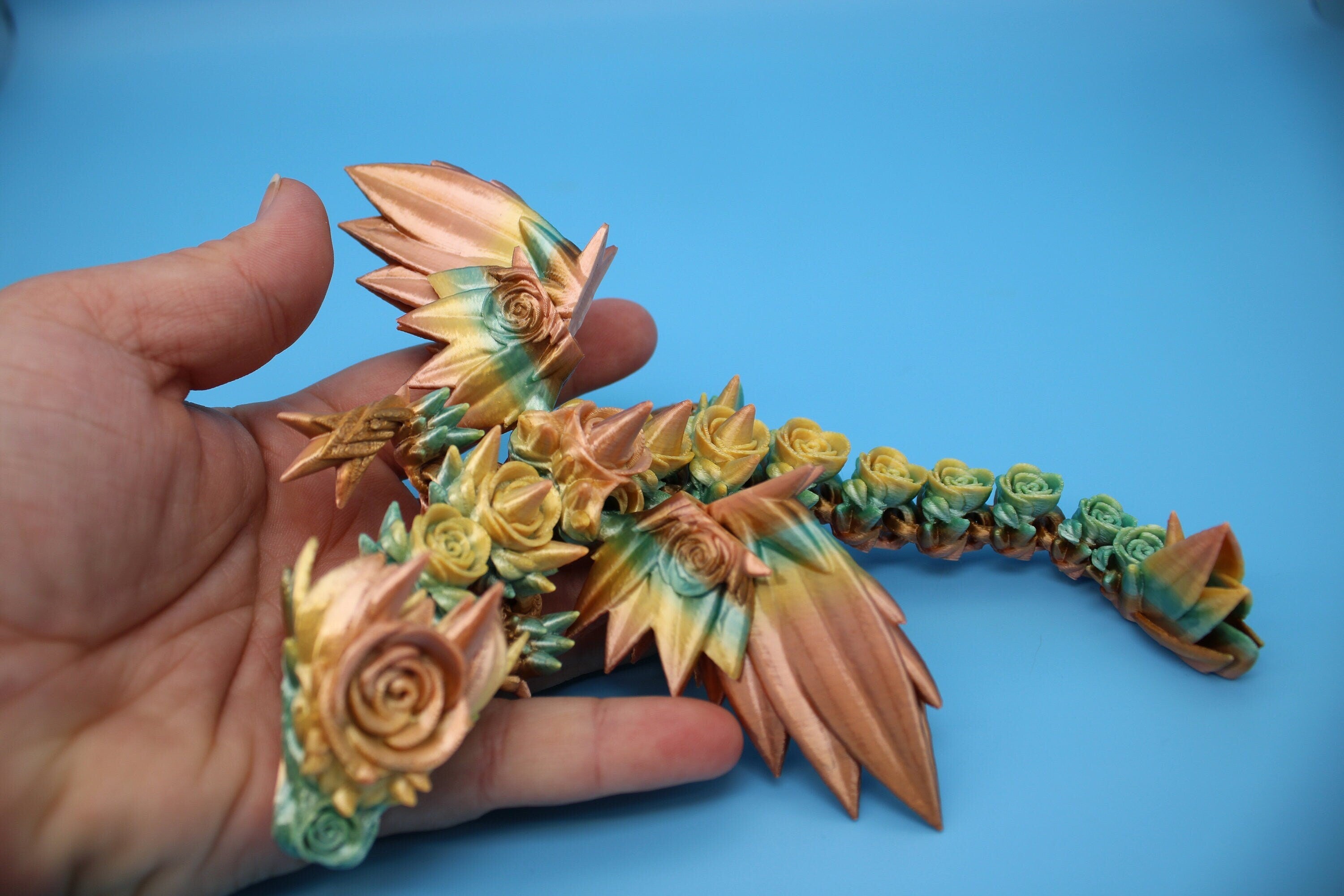 Miniature Baby Rose Wing Dragon | Rainbow | 3D printed articulating Toy Fidget | Flexi Toy 8.5 in. head to tail | Stress Relief Gift