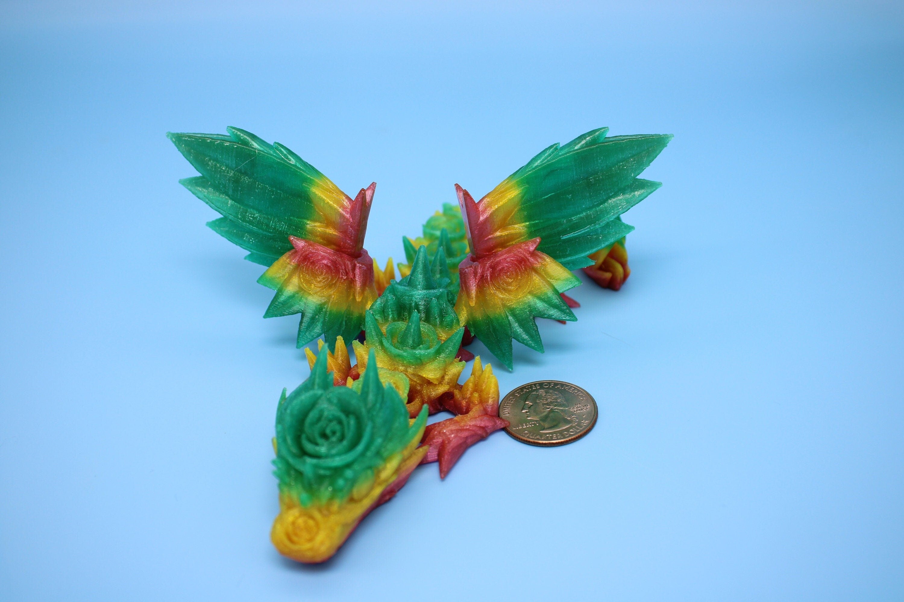 Flexible Miniature Baby Rose Wing Dragon | Rainbow | 3D printed articulating Toy Fidget | Flexi Toy 8.5 in. head to tail | Stress Relief.
