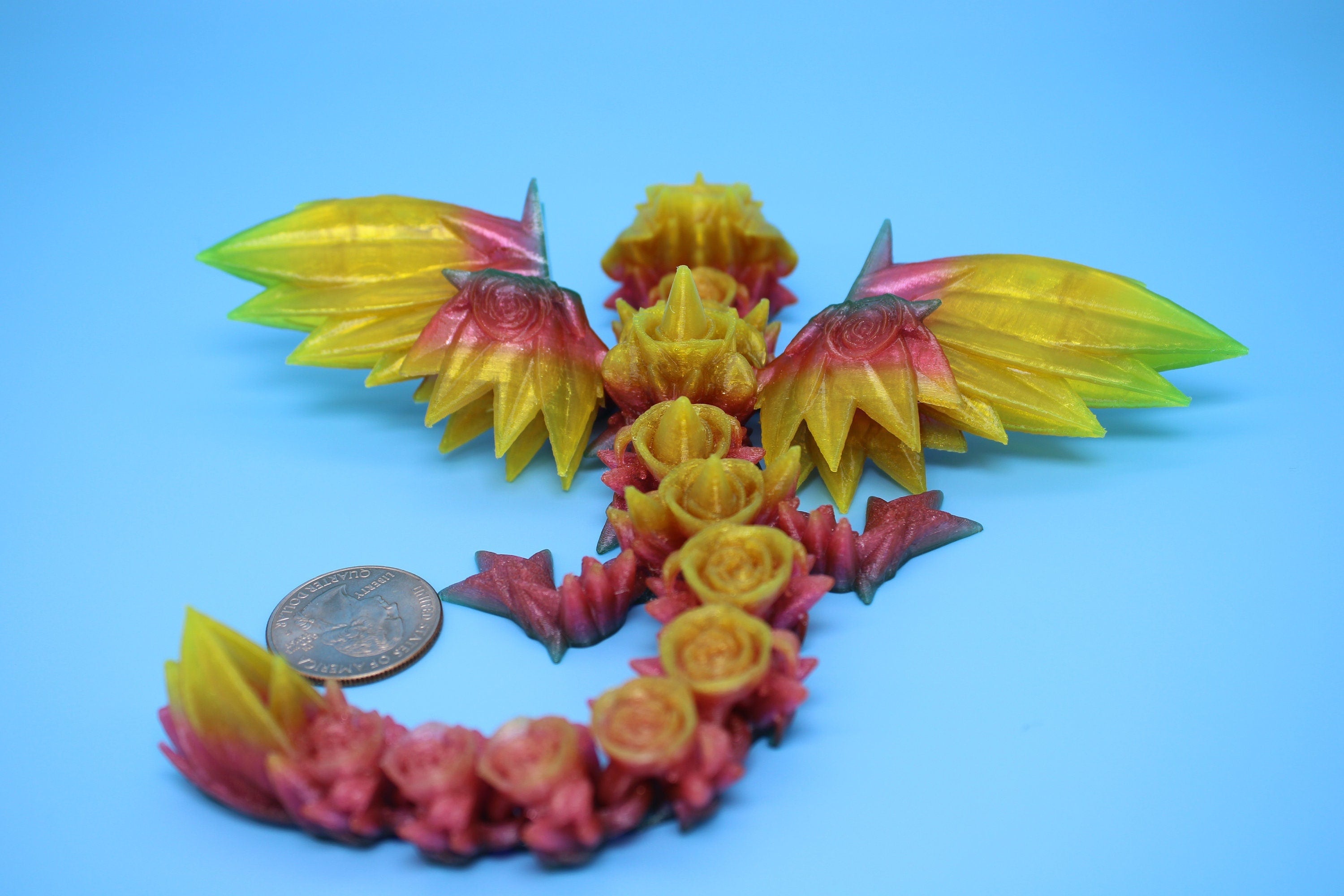 Flexible Miniature Baby Rose Wing Dragon | Rainbow | 3D printed articulating Toy Fidget | Flexi Toy 8.5 in. head to tail | Stress Relief.