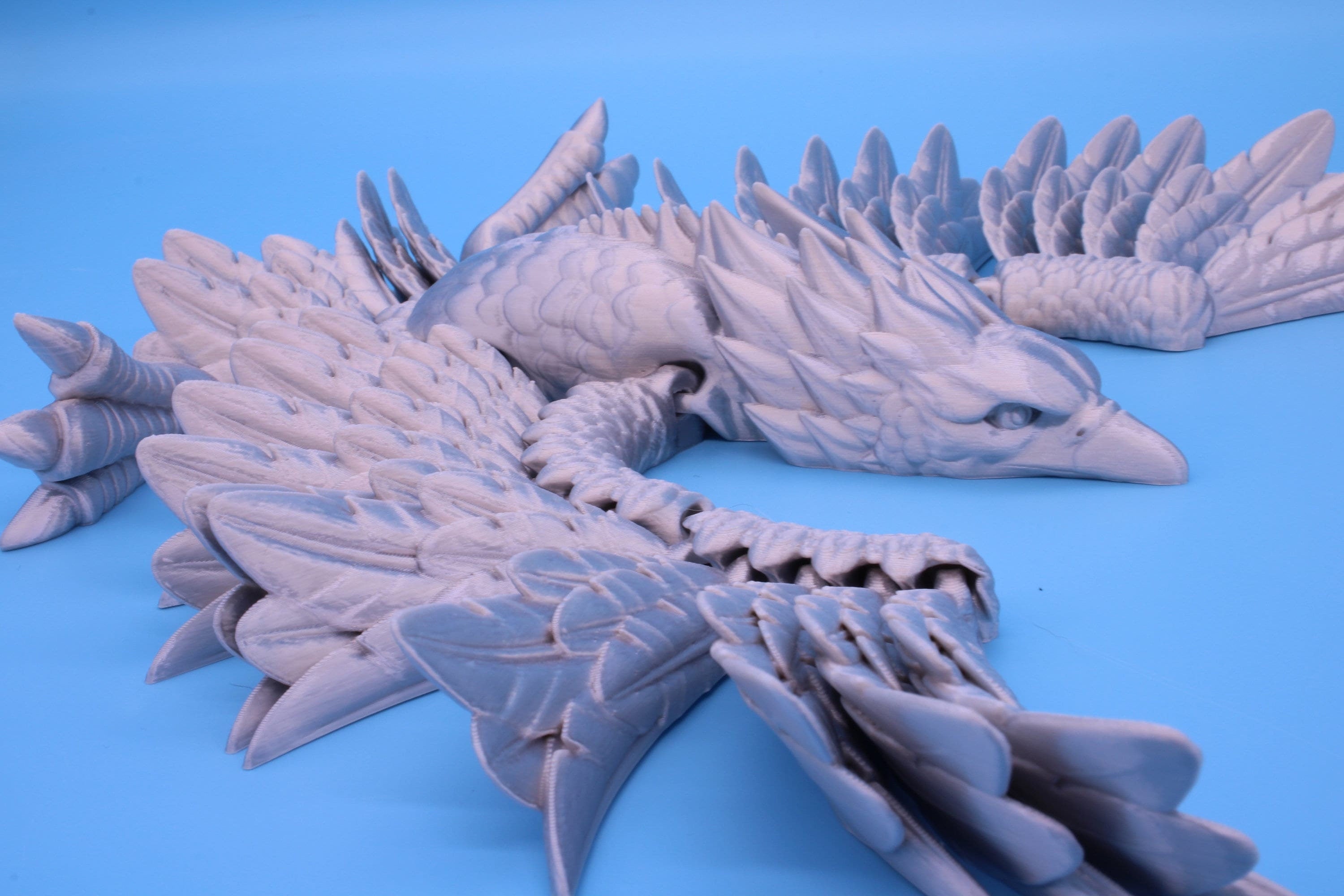 XL Phoenix Silver color | Cute Flexi | Unique 3D printed. | Great Articulating fidget toy, desk, sensory toy | 5.5 inch tall | 10 in wing.