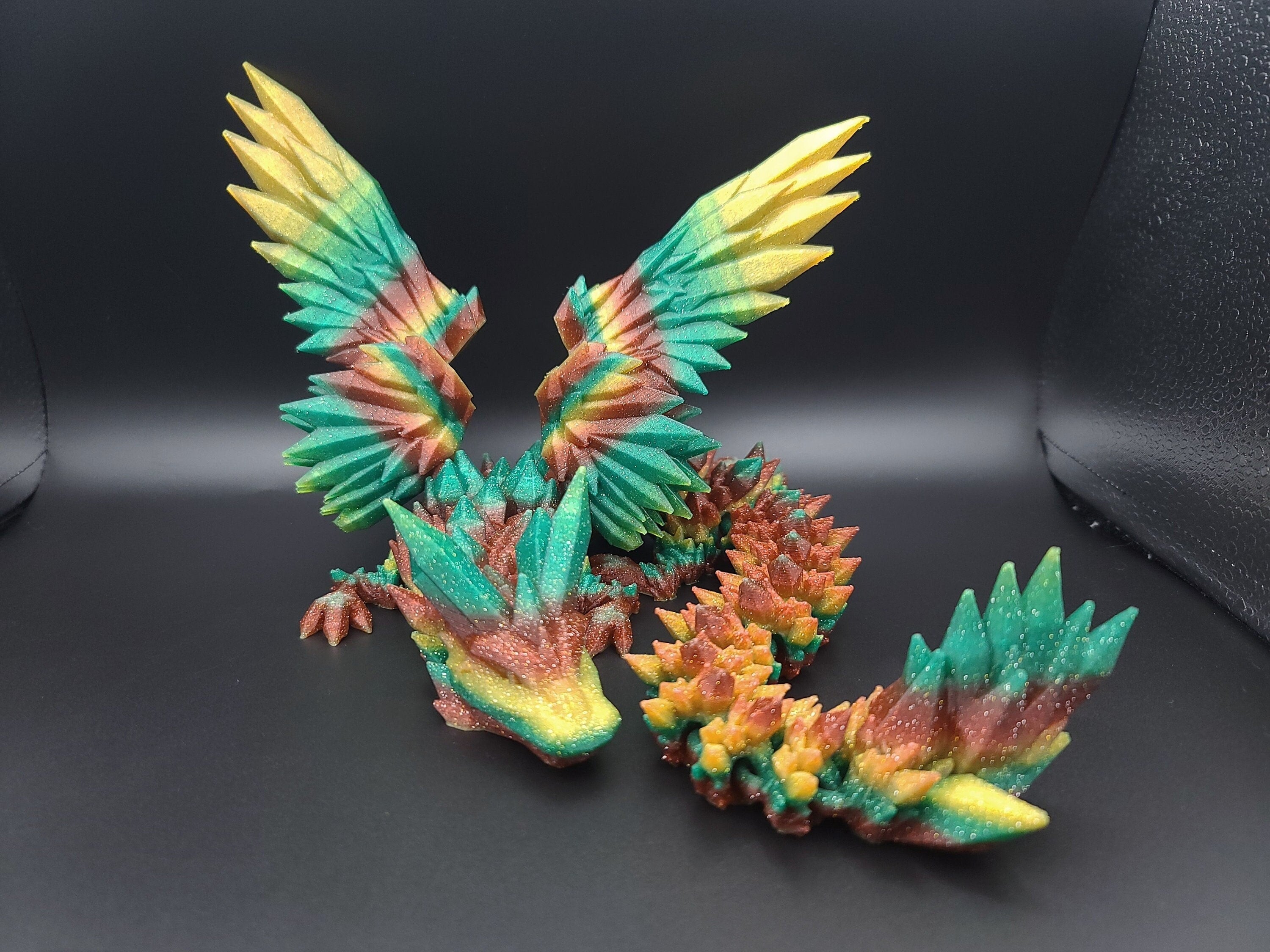 Rainbow Sparkle Crystal Winged Dragon. Crystal Wing Dragon 3D printed articulating dragon. flexi Toy, 18 in. Stress Relief, Gift.