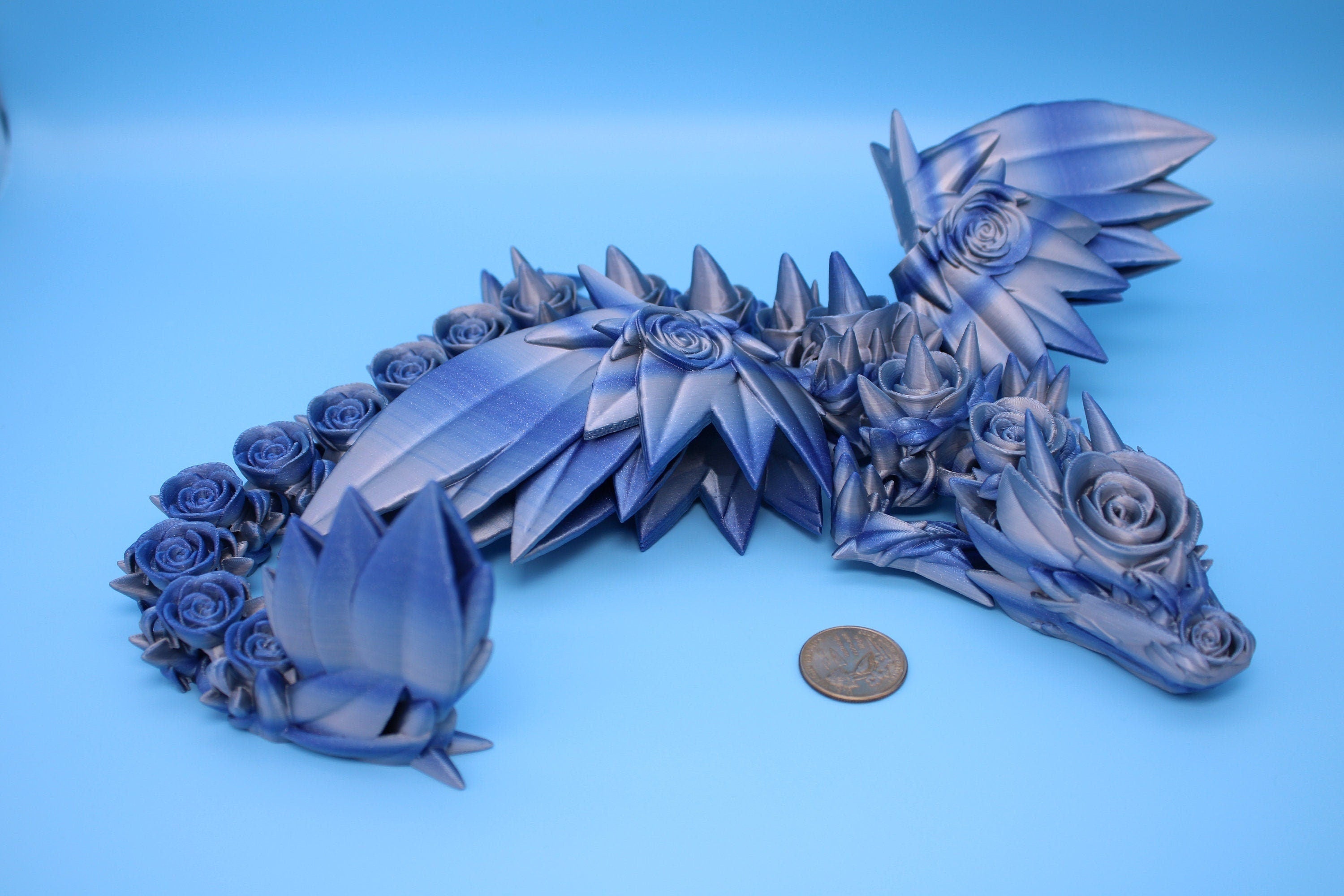 Blue / Silver Rose Wing Articulating Dragon | 3D Printed Fidget | Flexi Toy | Adult Fidget Toy | Sensory Desk Toy | 19 in. | Valentines Day