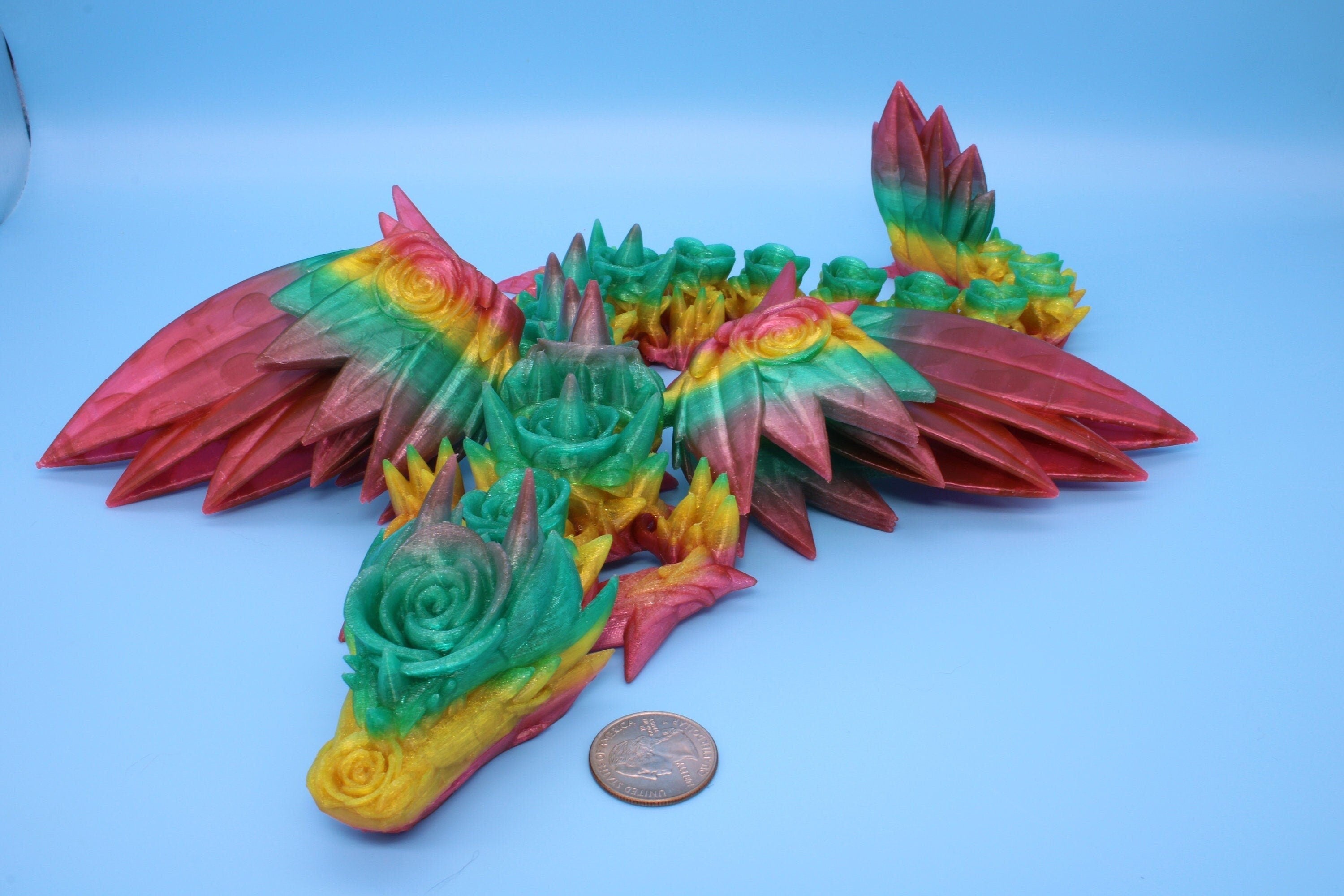 Flexible Rainbow Rose Wing Articulating Dragon | 3D Printed Fidget | Flexi Toy | Adult Fidget Toy | Sensory Desk Toy | 19 in. | (TPU).