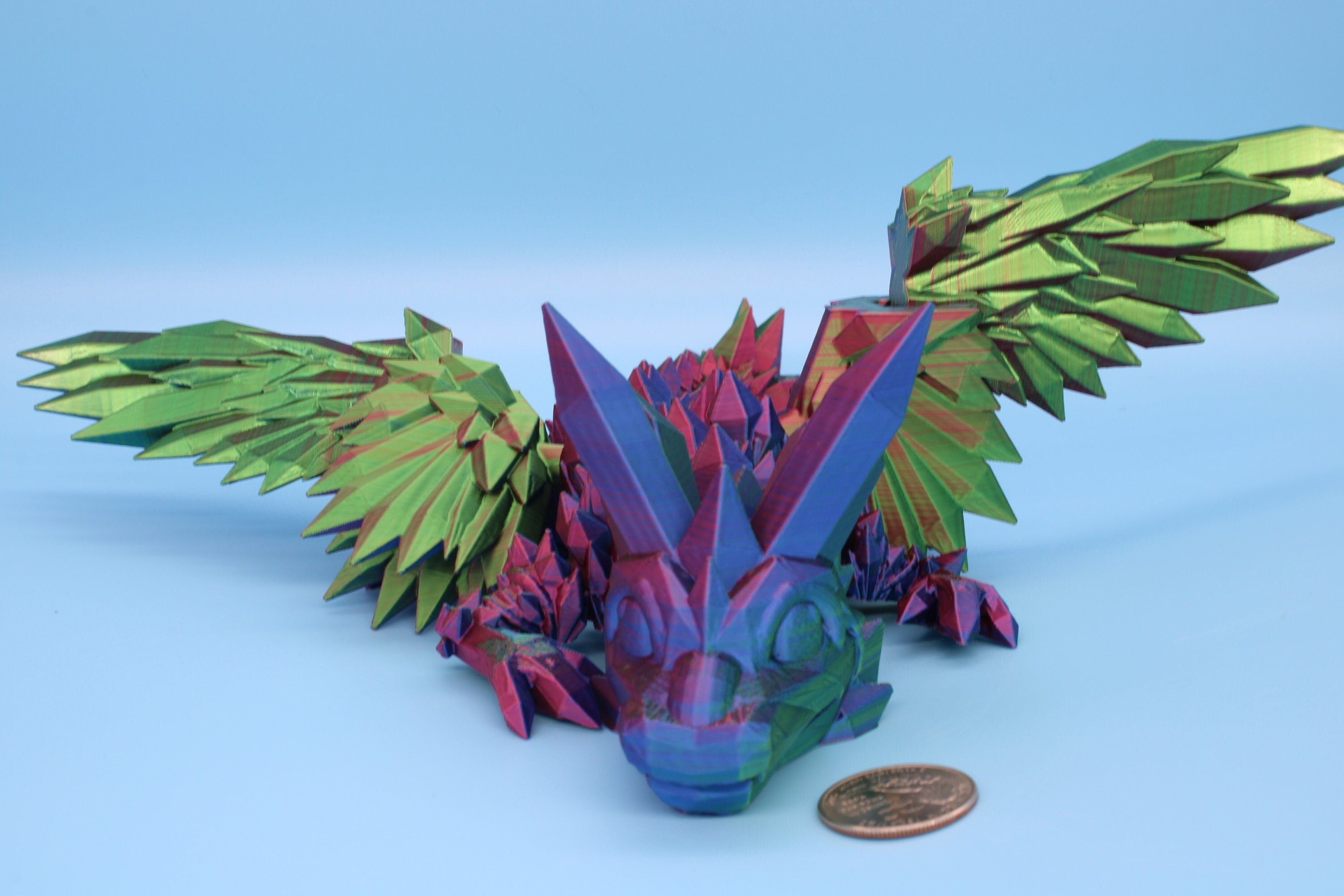 Multi Color, Rainbow Baby Crystal Winged Dragon. 3D printed articulating dragon Fidget, Flexi, Toy 11.5 in. Stress Relief, Gift.