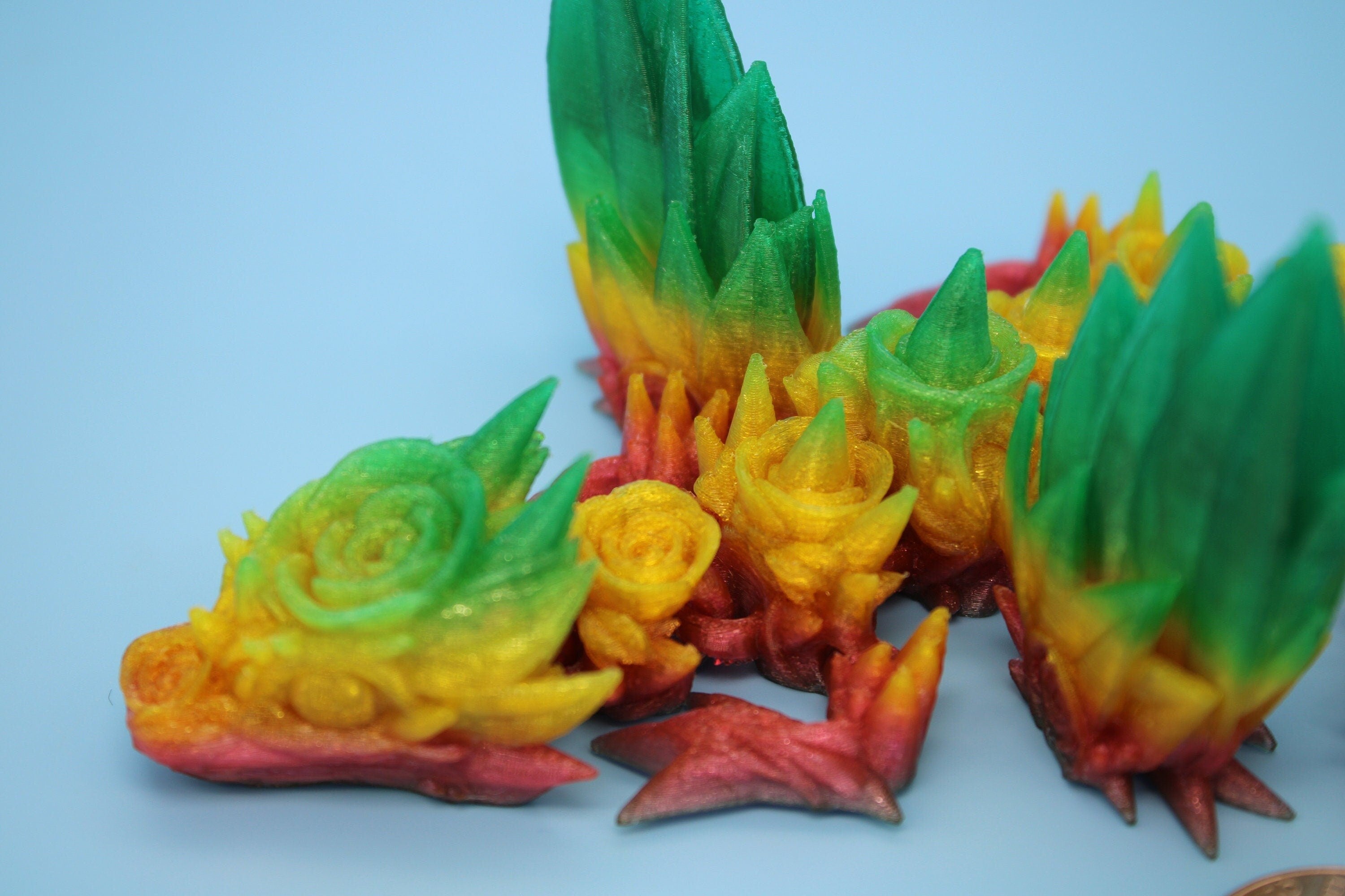 Flexible Miniature Baby Rose Wing Dragon | Rainbow | 3D printed articulating Toy Fidget | Flexi Toy 8.5 in. head to tail | Stress Relief.