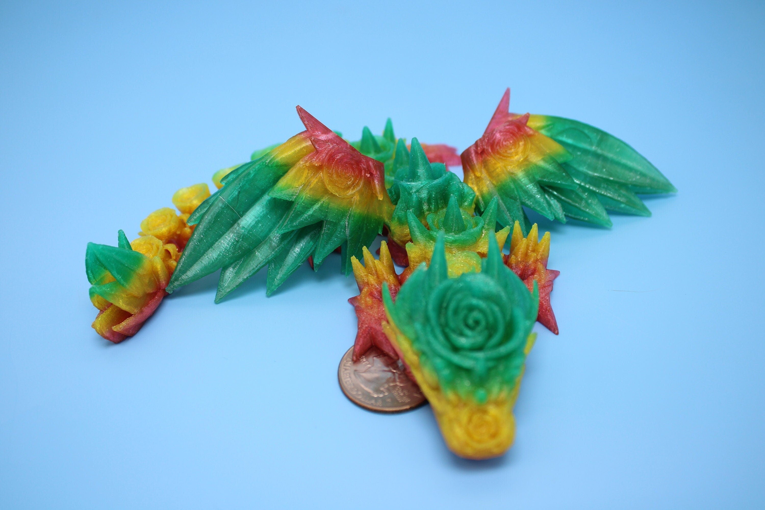 Flexible Miniature Baby Rose Wing Dragon | Rainbow | 3D printed articulating Toy Fidget | Flexi Toy 8.5 in. head to tail | Stress Relief.