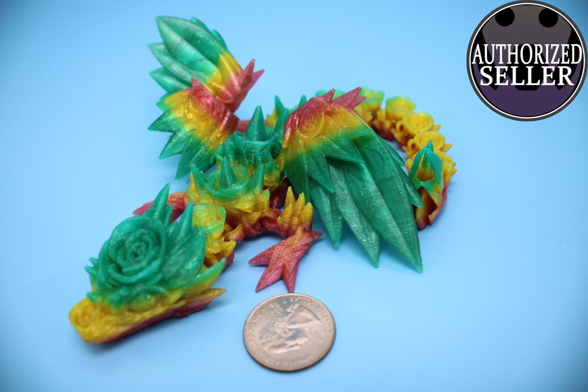 Flexible Miniature Baby Rose Wing Dragon | Rainbow | 3D printed articulating Toy Fidget | Flexi Toy 8.5 in. head to tail | Stress Relief.