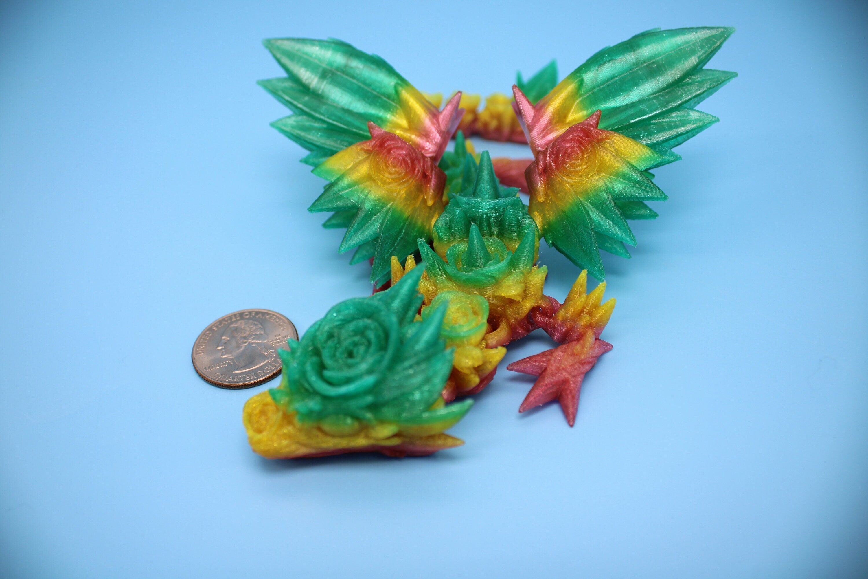 Flexible Miniature Baby Rose Wing Dragon | Rainbow | 3D printed articulating Toy Fidget | Flexi Toy 8.5 in. head to tail | Stress Relief.