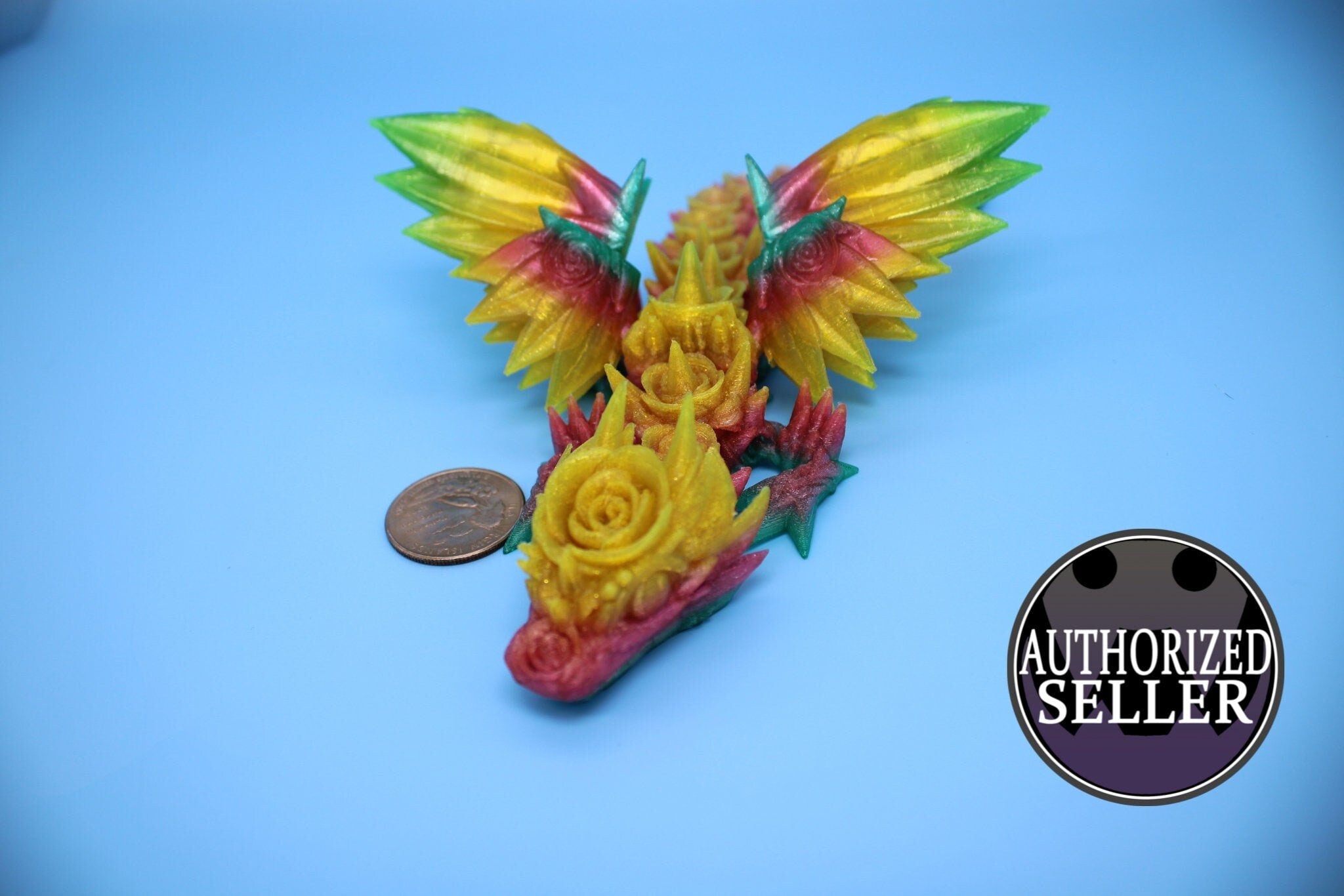 Flexible Miniature Baby Rose Wing Dragon | Rainbow | 3D printed articulating Toy Fidget | Flexi Toy 8.5 in. head to tail | Stress Relief.