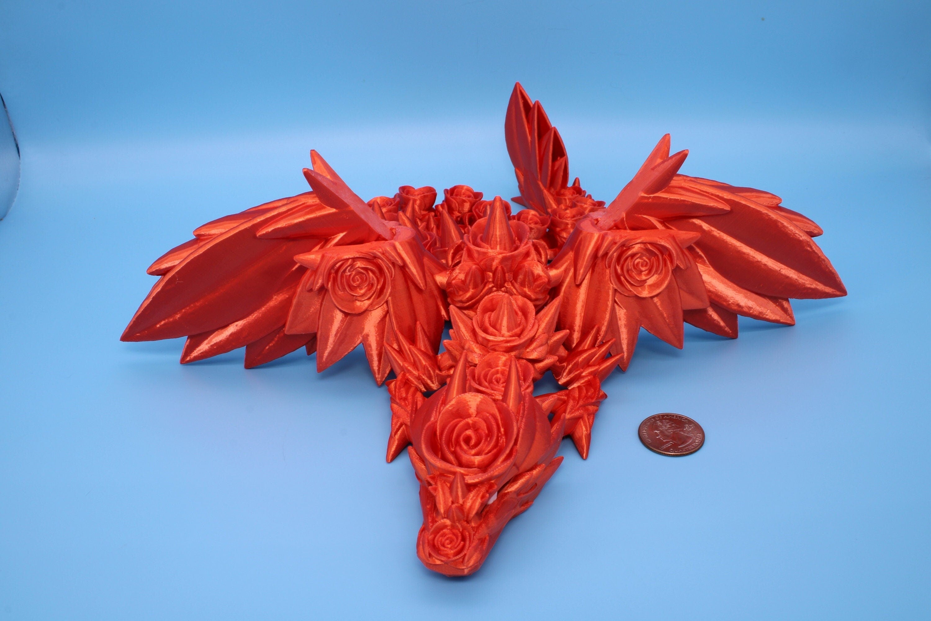 Orange Rose Wing Articulating Dragon | 3D Printed Fidget | Flexi Toy | Adult Fidget Toy | Sensory Desk Toy | 19 in. | Valentines Day
