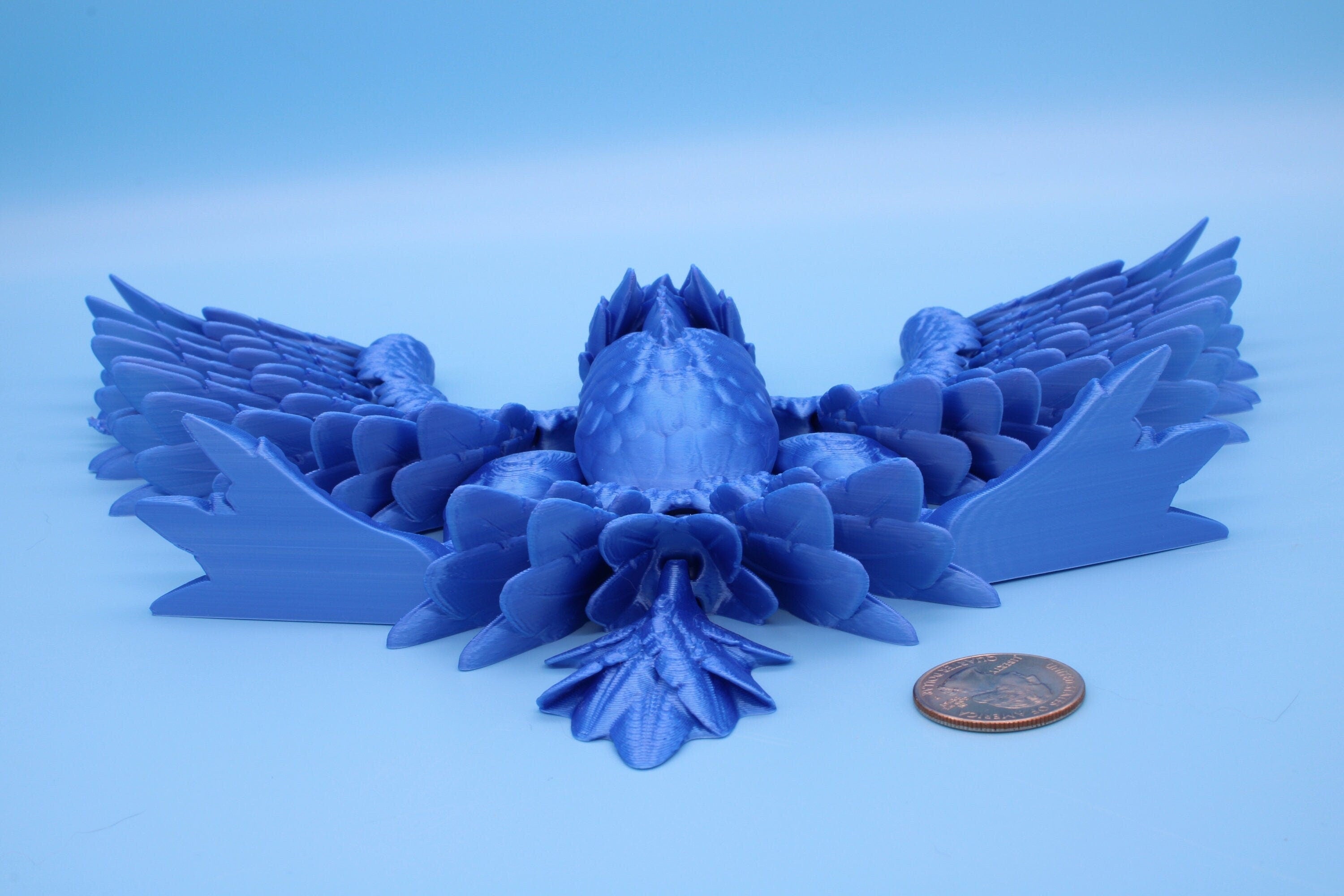 XL Phoenix Blue | Cute Flexi | Unique 3D printed. | Great Articulating fidget toy, desk, sensory toy | 5.5 inch tall | 10 in wing span.