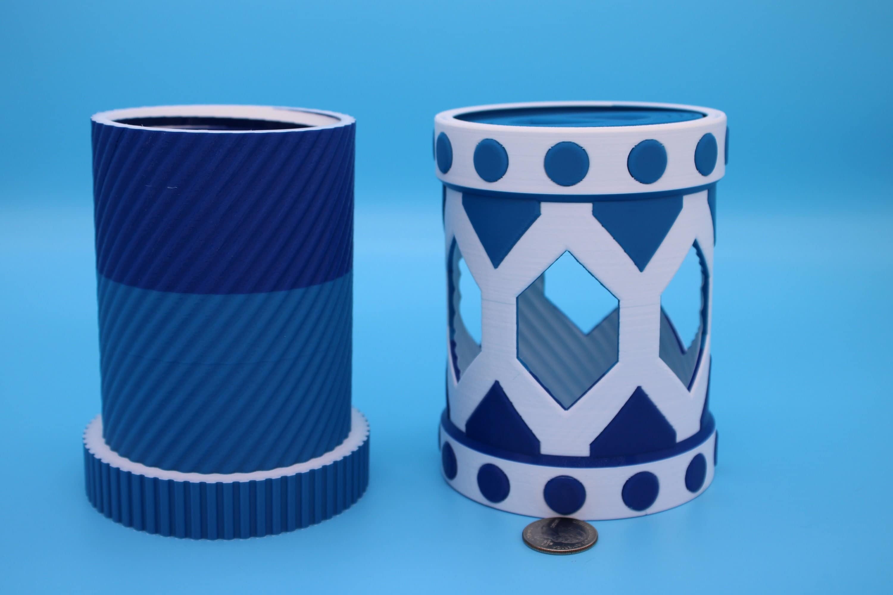 Twist to lock storage container. Multi Blue and White. 3D Printed. Stash your favorite trinkets, cash, and more., Looks Amazing on display.