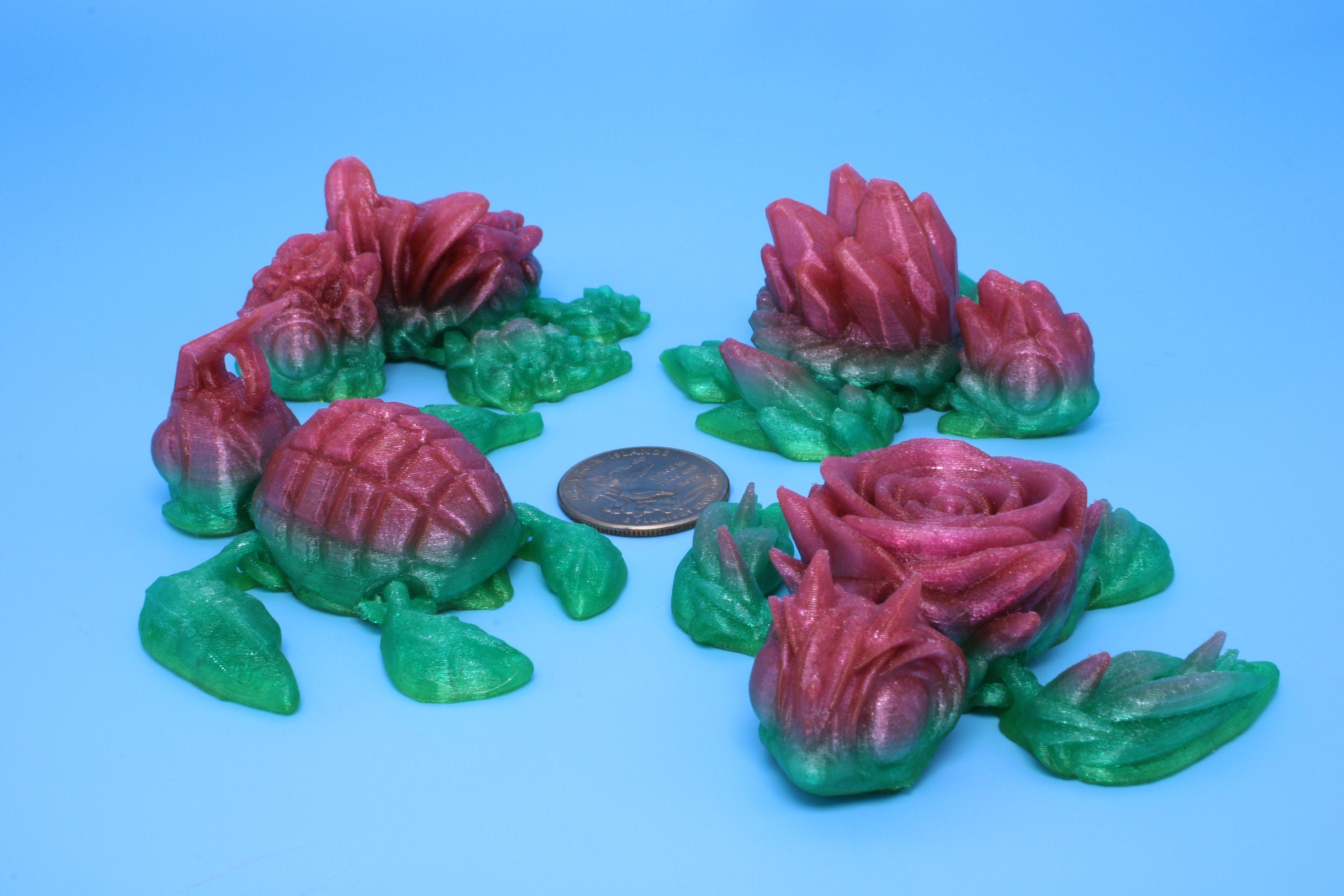 Miniature Turtle 4 Pack | 3D Printed | Grenurtle, Gem Stone, Roseurtle, Orchid Turtles | Fidget Toy | Flexi Turtle.
