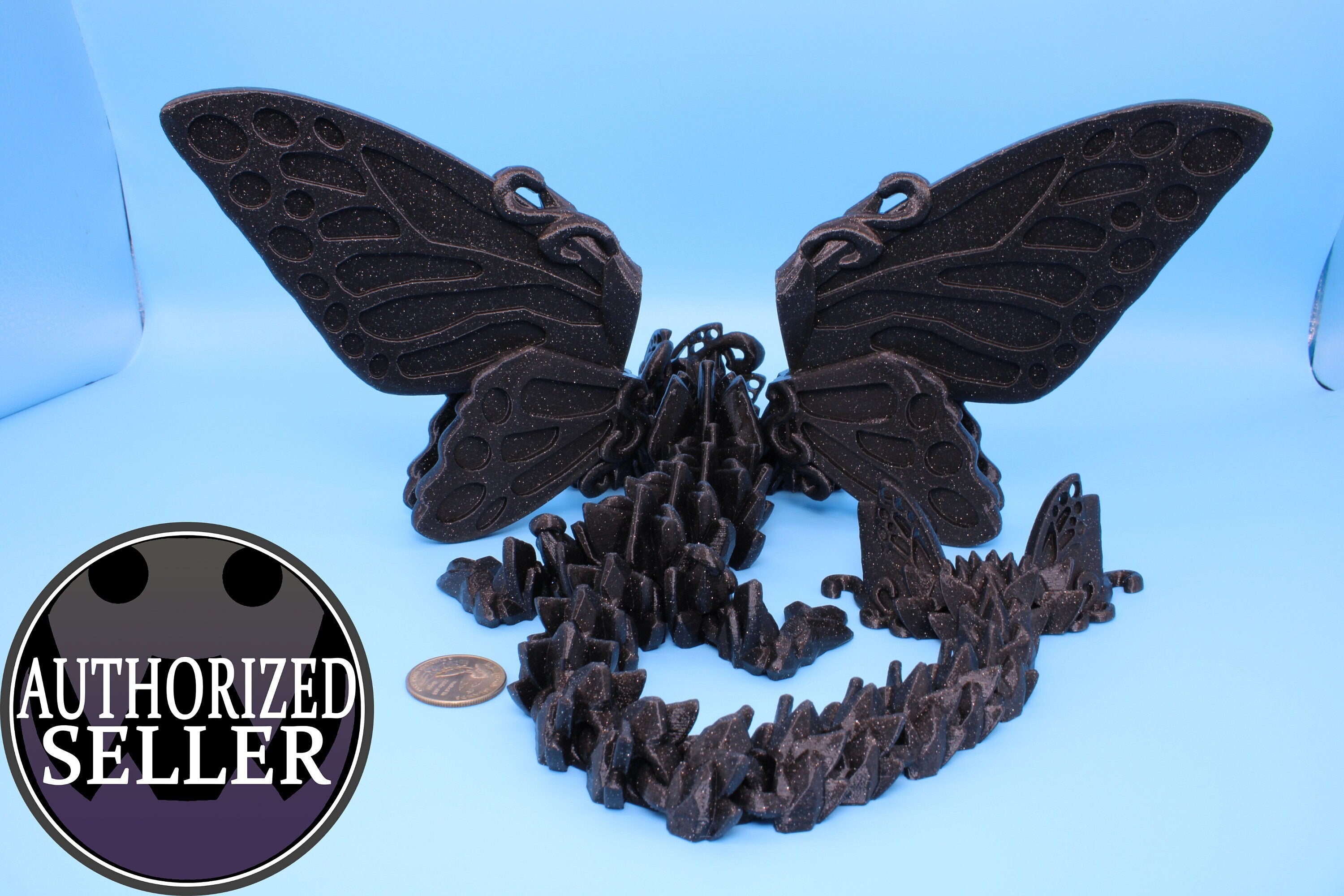 Butterfly Wing Dragon- Black Sparkle | 3D Printed Articulating Dragon 18 in.