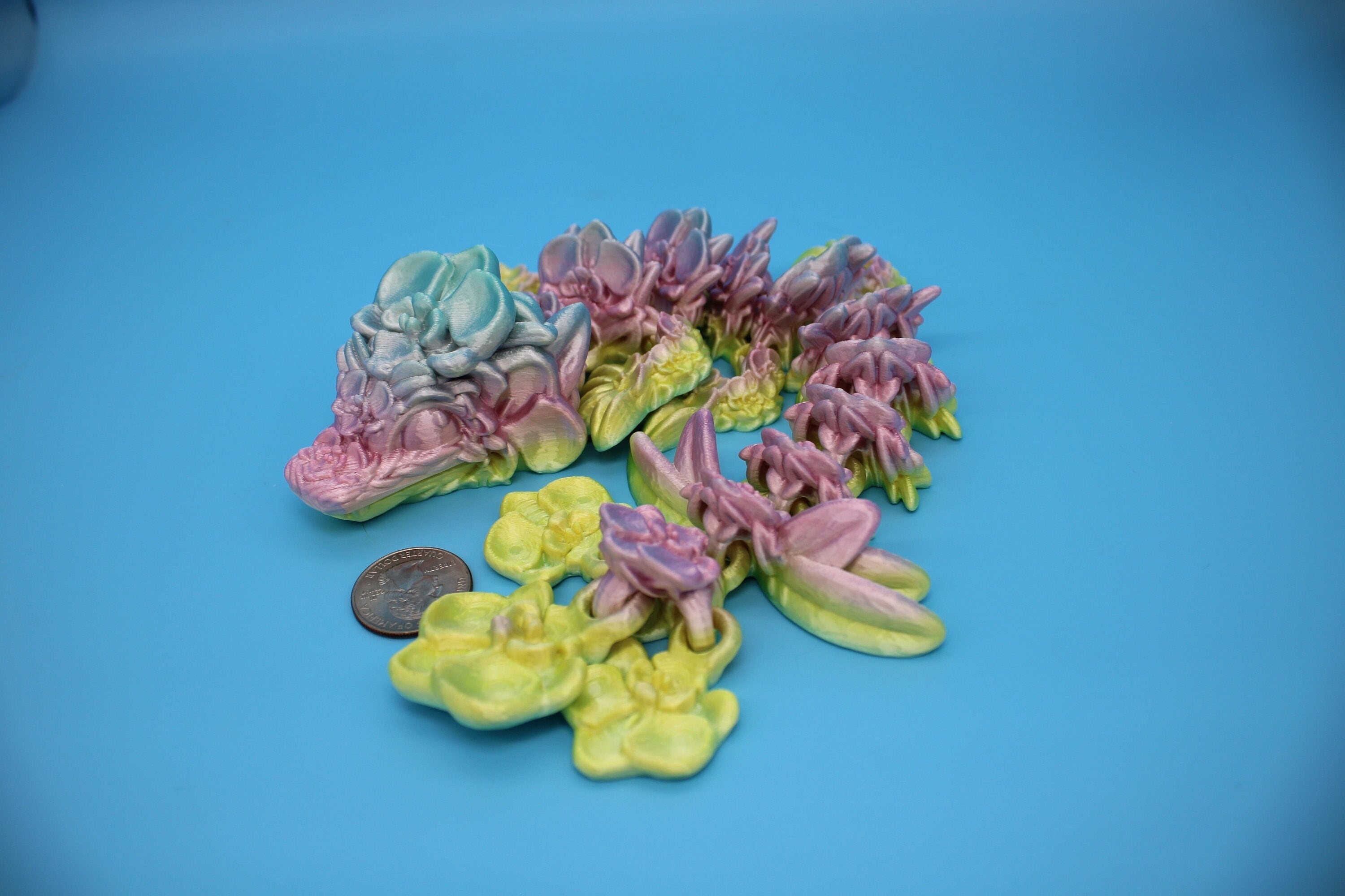 Baby Multi Color Orchid Dragon | 3D Printed Articulating Dragon | Flexi Toy | Adult Fidget Toy | Dragon Buddy ready for you! 12.5 inch.