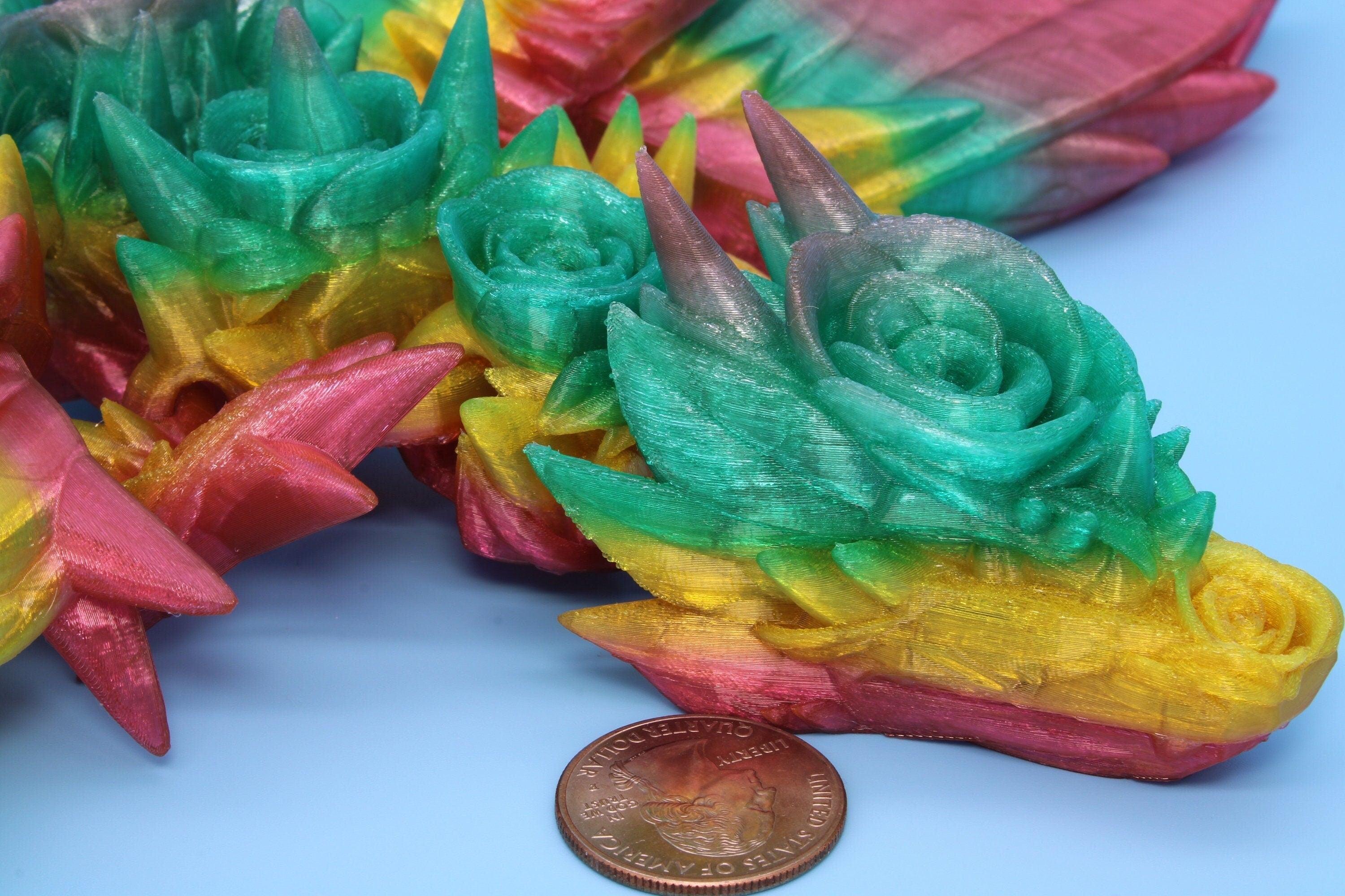 Flexible Rainbow Rose Wing Articulating Dragon | 3D Printed Fidget | Flexi Toy | Adult Fidget Toy | Sensory Desk Toy | 19 in. | (TPU).