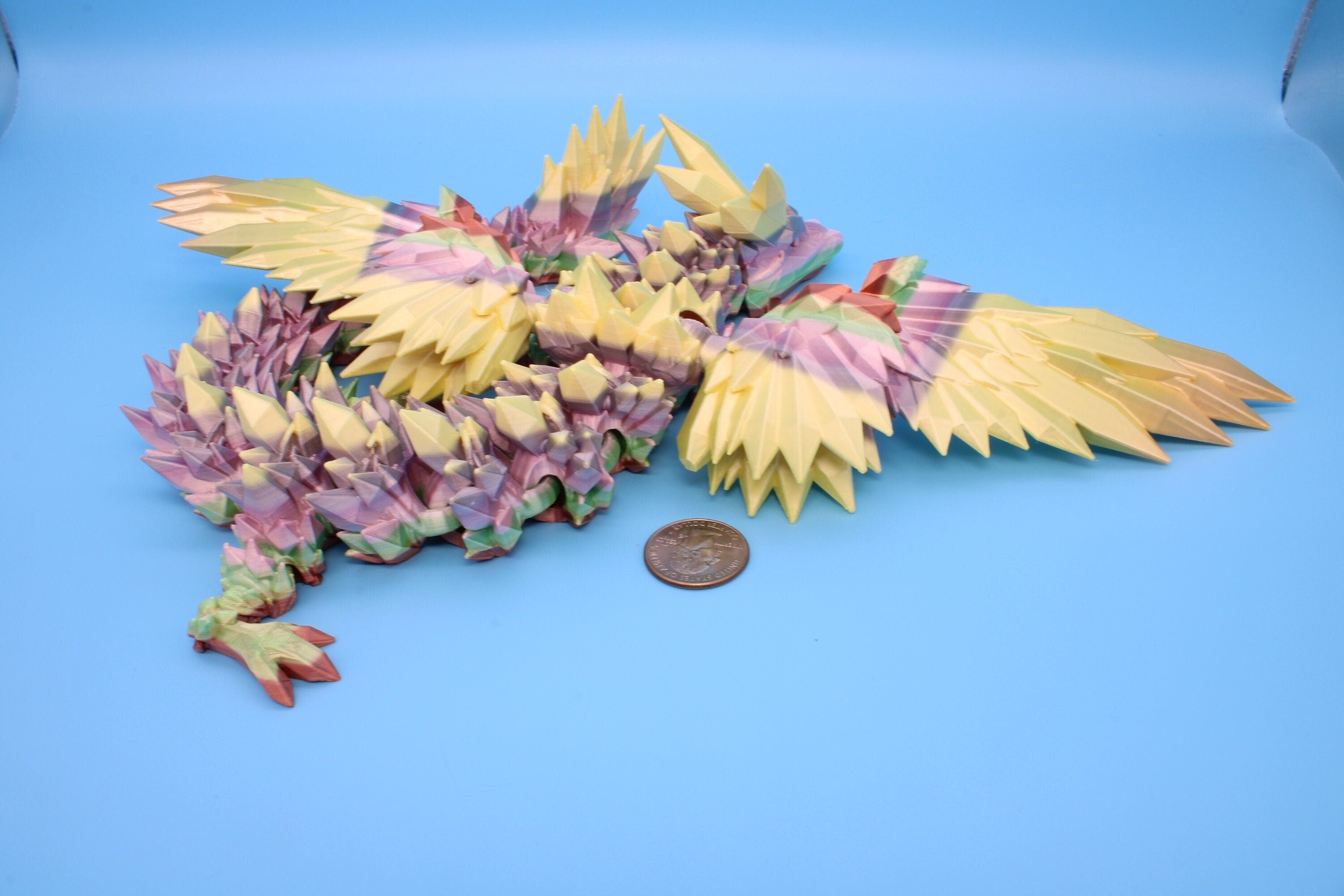 Flawed Rainbow Crystal Winged Dragon. Crystal Wing Dragon 3D printed articulating dragon. flexi Toy, 18 in. Stress Relief, Gift.