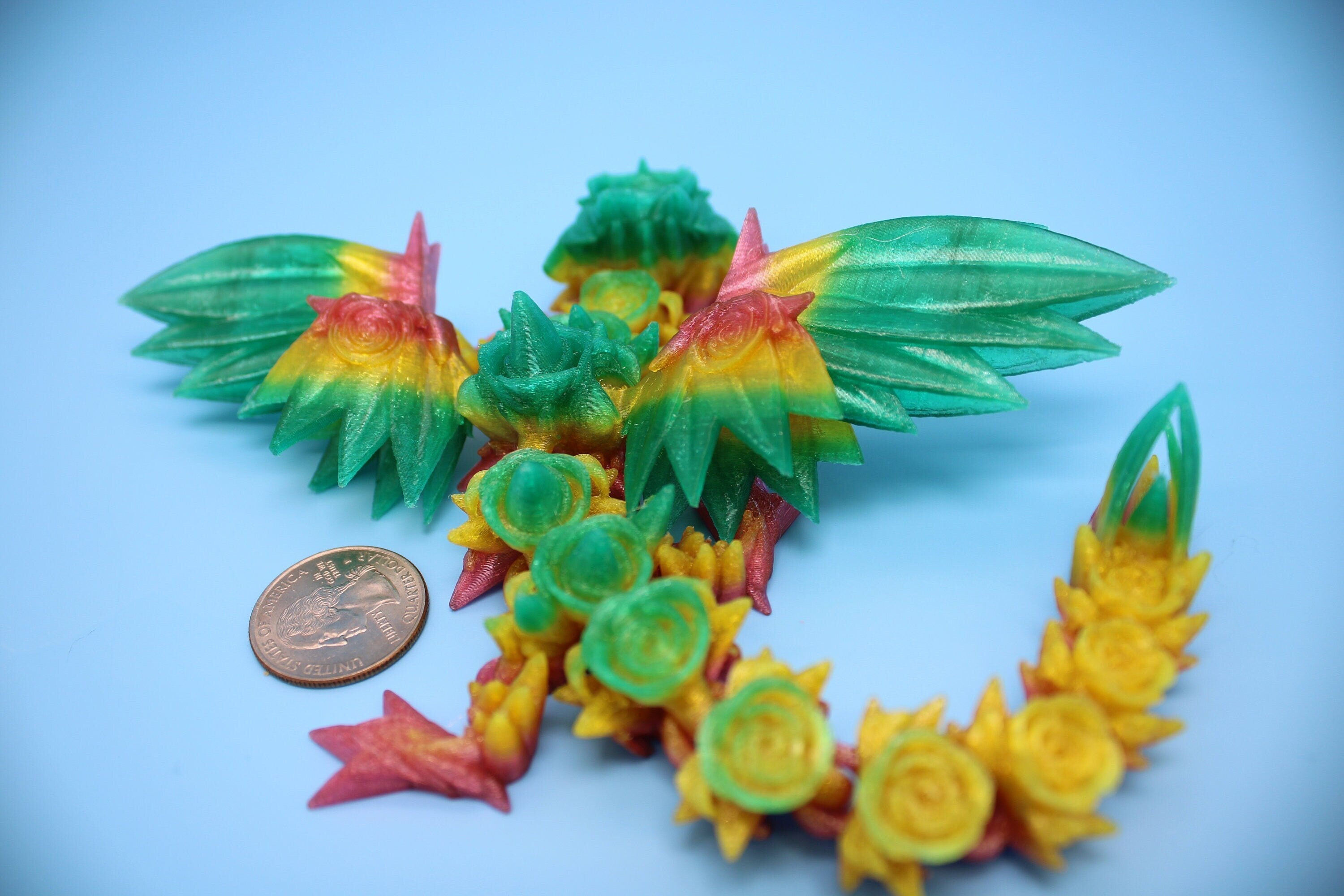 Flexible Miniature Baby Rose Wing Dragon | Rainbow | 3D printed articulating Toy Fidget | Flexi Toy 8.5 in. head to tail | Stress Relief.