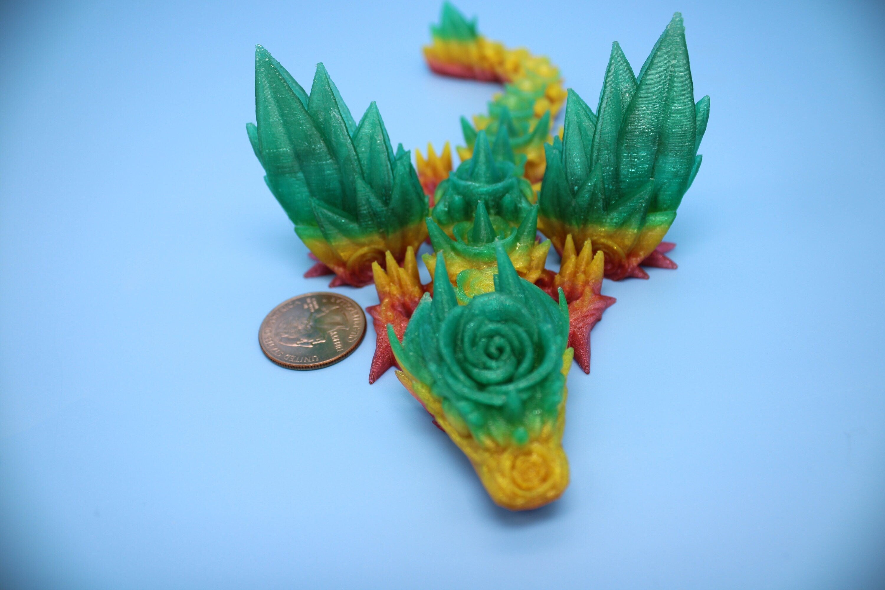 Flexible Miniature Baby Rose Wing Dragon | Rainbow | 3D printed articulating Toy Fidget | Flexi Toy 8.5 in. head to tail | Stress Relief.