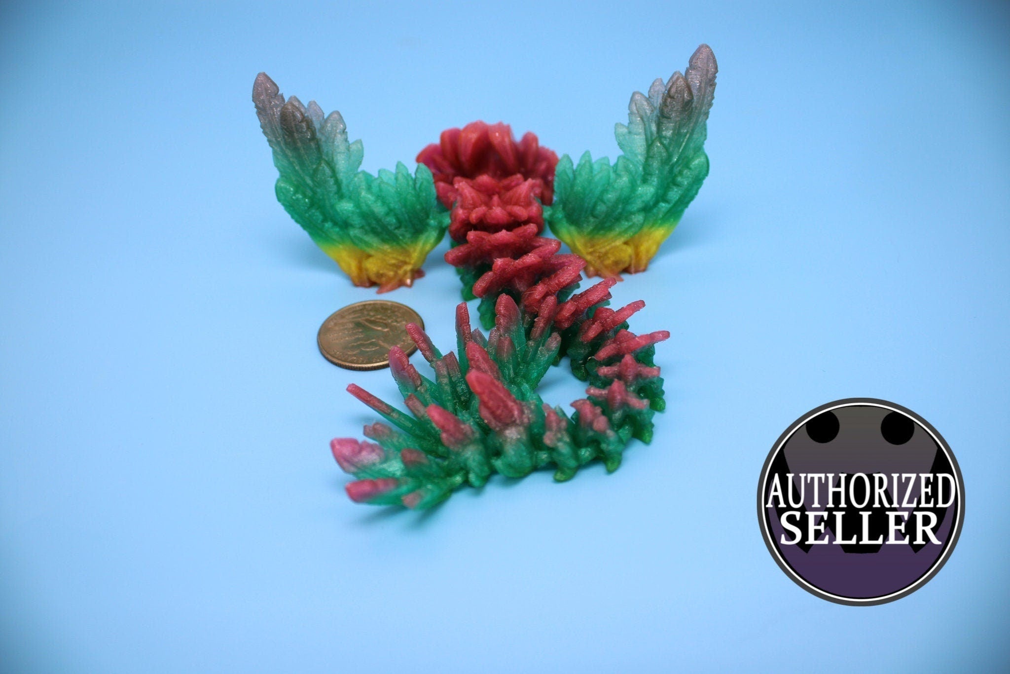 Flexible Miniature Baby Flying Serpent Dragon Rainbow 3D printed articulating Toy Fidget Flexi Toy 7 in. head to tail Stress Relief Gift