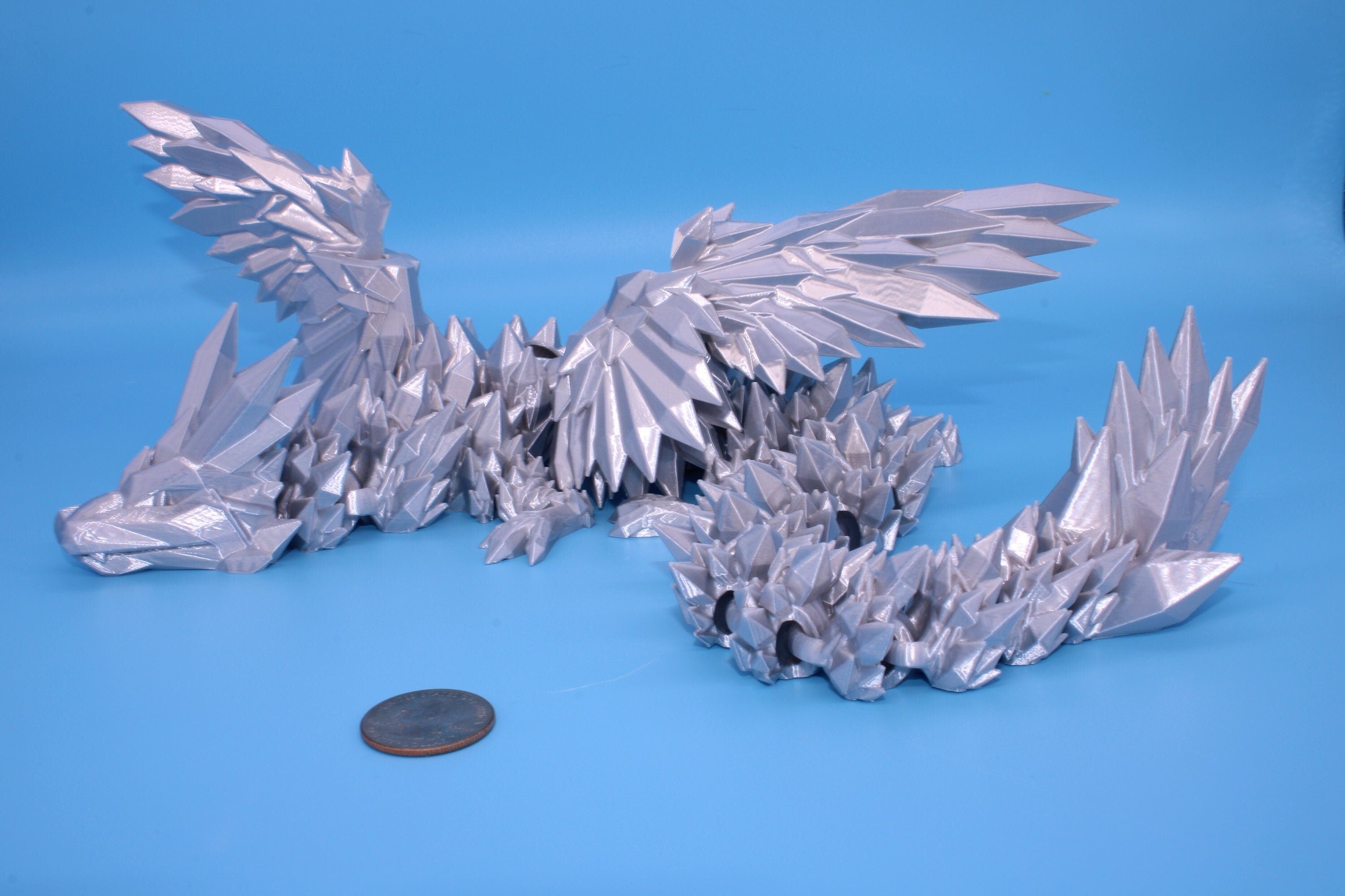 Silver color Crystal Winged Dragon | Crystal Winged Dragon 3D printed | Articulating Dragon Fidget | Flexi Toy 18 in. | Stress Relief, Gift.