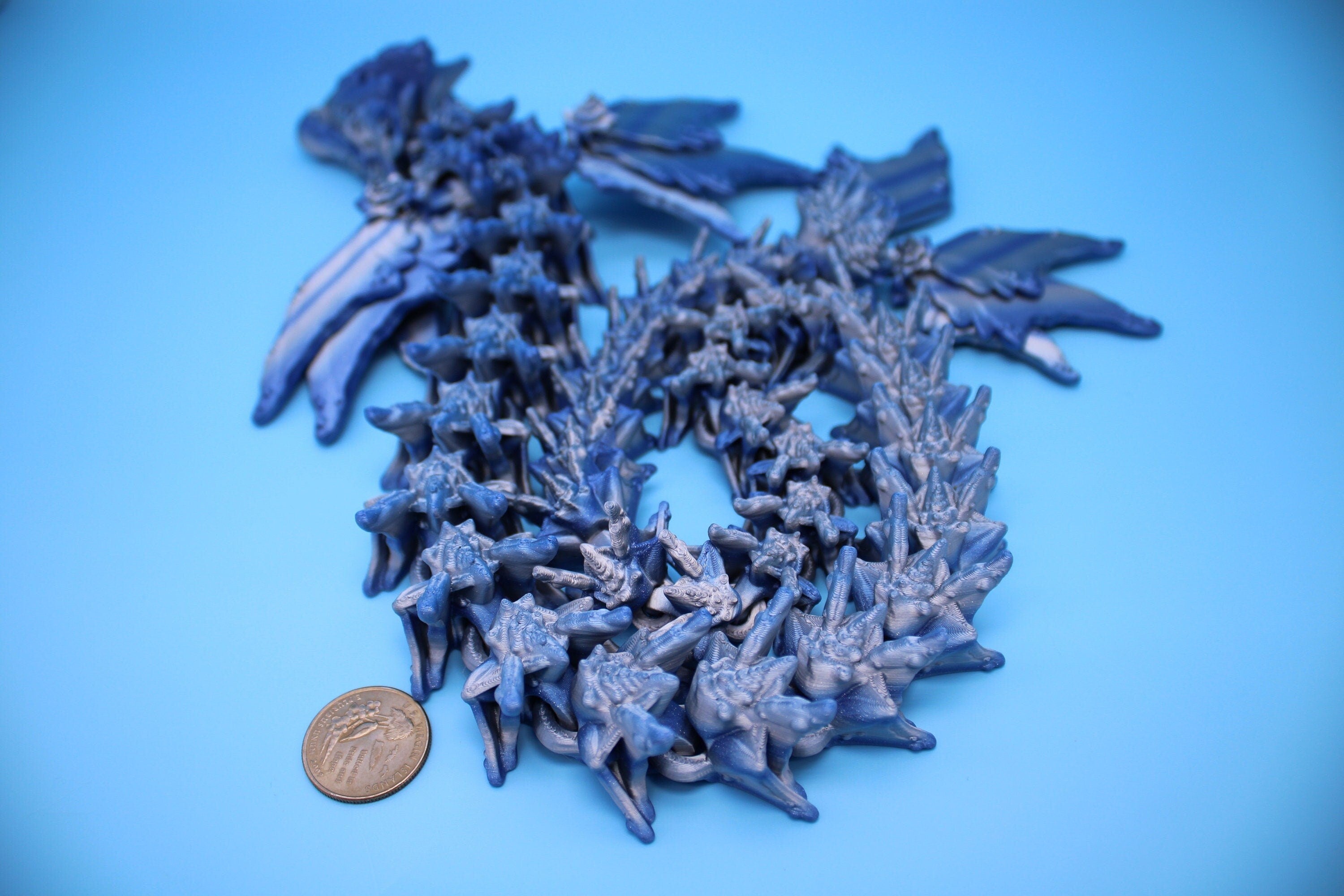 Blue / Silver Ocean Dragon | Articulating Dragon | 3D Printed Fidget | Flexi Toy | Adult Fidget Toy | Sensory Desk Toy | 32 in. Serpent LONG