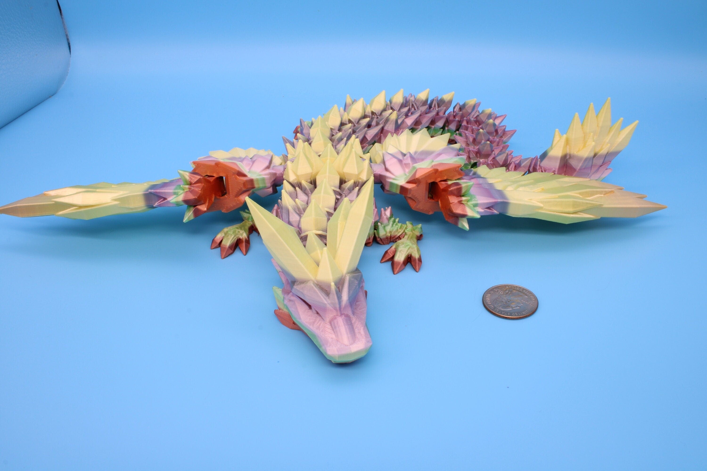 Flawed Rainbow Crystal Winged Dragon. Crystal Wing Dragon 3D printed articulating dragon. flexi Toy, 18 in. Stress Relief, Gift.