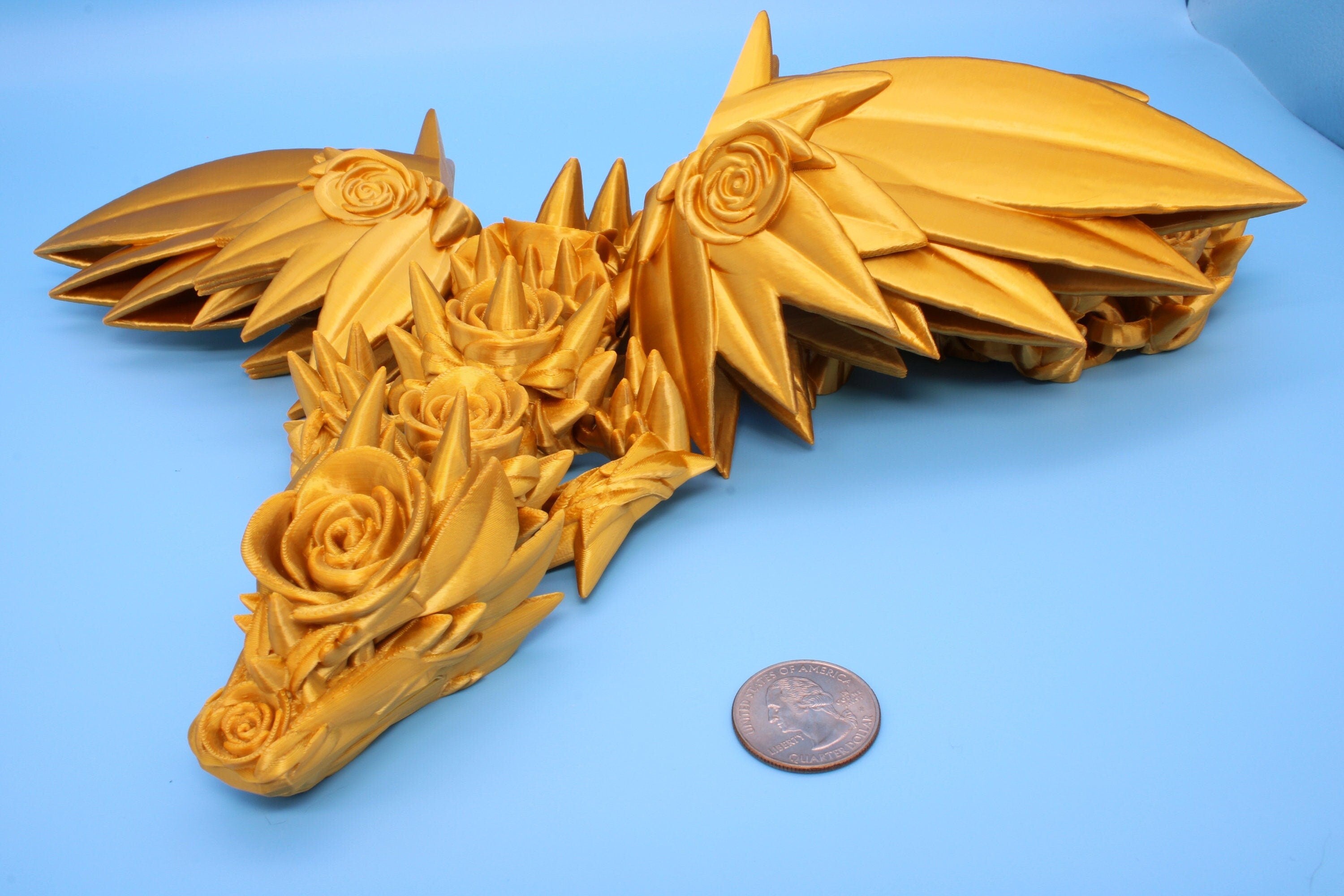 Gold Rose Wing Articulating Dragon | 3D Printed Fidget | Flexi Toy | Adult Fidget Toy | Sensory Desk Toy | 19 in. | Valentines Day