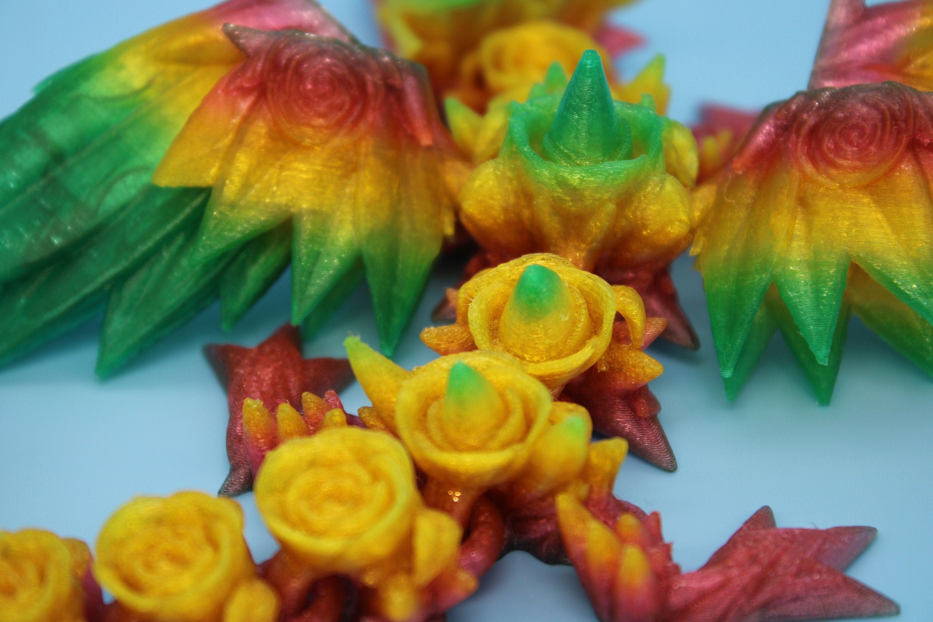 Flexible Miniature Baby Rose Wing Dragon | Rainbow | 3D printed articulating Toy Fidget | Flexi Toy 8.5 in. head to tail | Stress Relief.