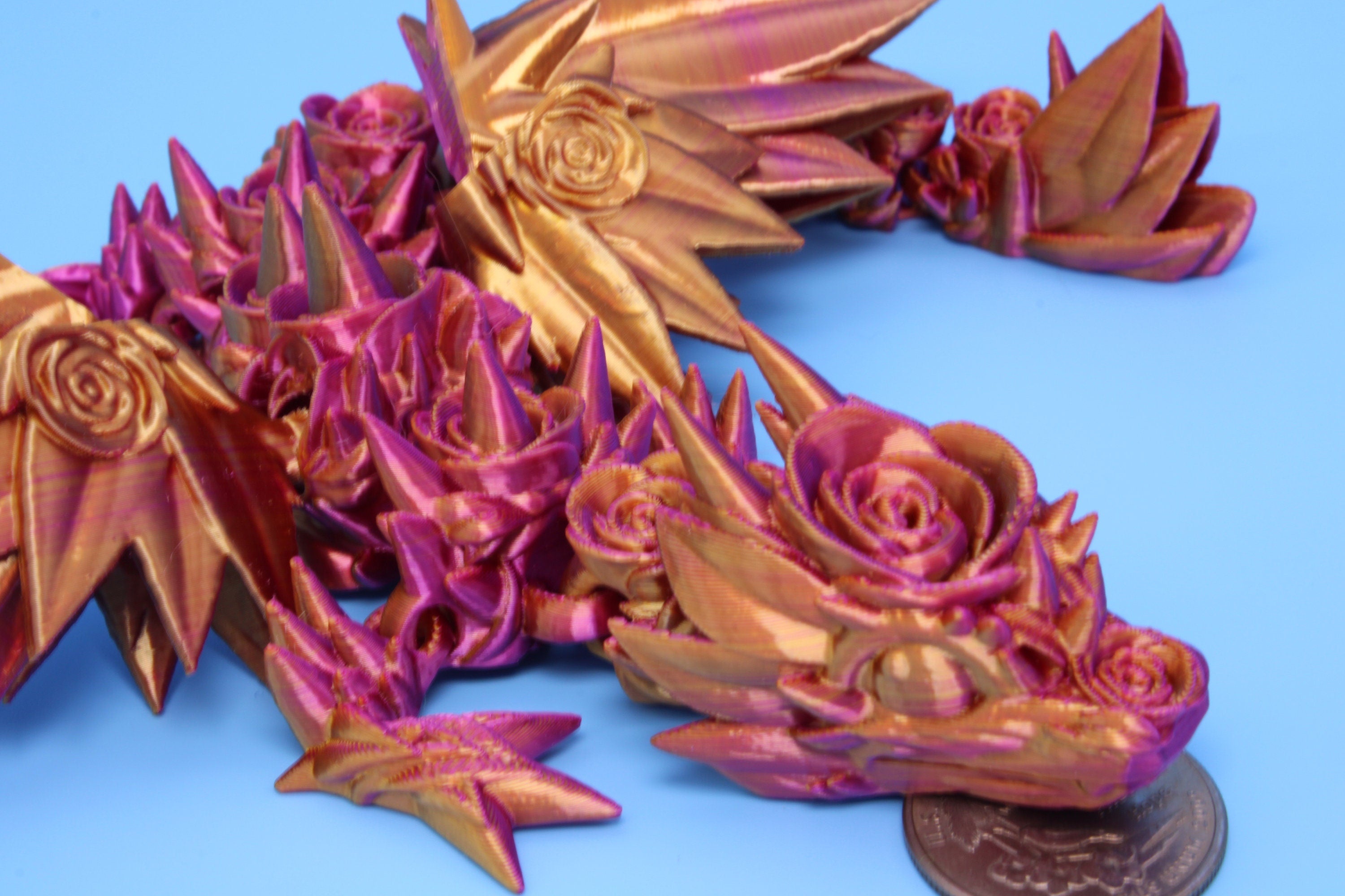 Baby Rose Wing Dragon | Pink & Gold | 3D Printed | Fidget | Flexi Toy 8.5 in. | Stress Relief Gift