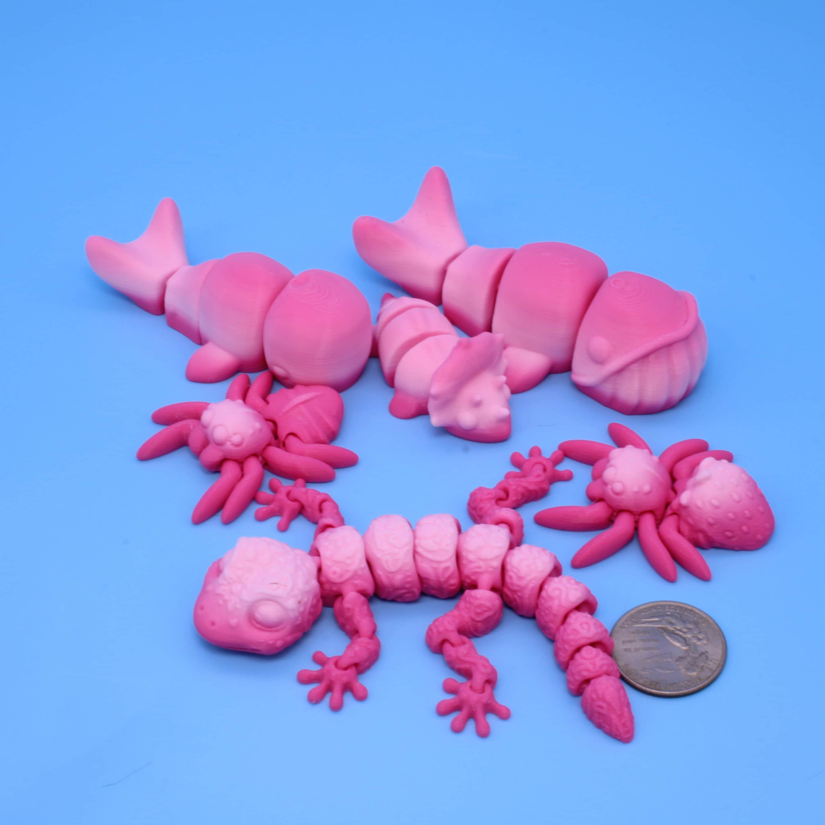 Mixed Lot of Pink Random Gradient, Spiders, Geckos, Whales, & Triceratops | 3D Printed