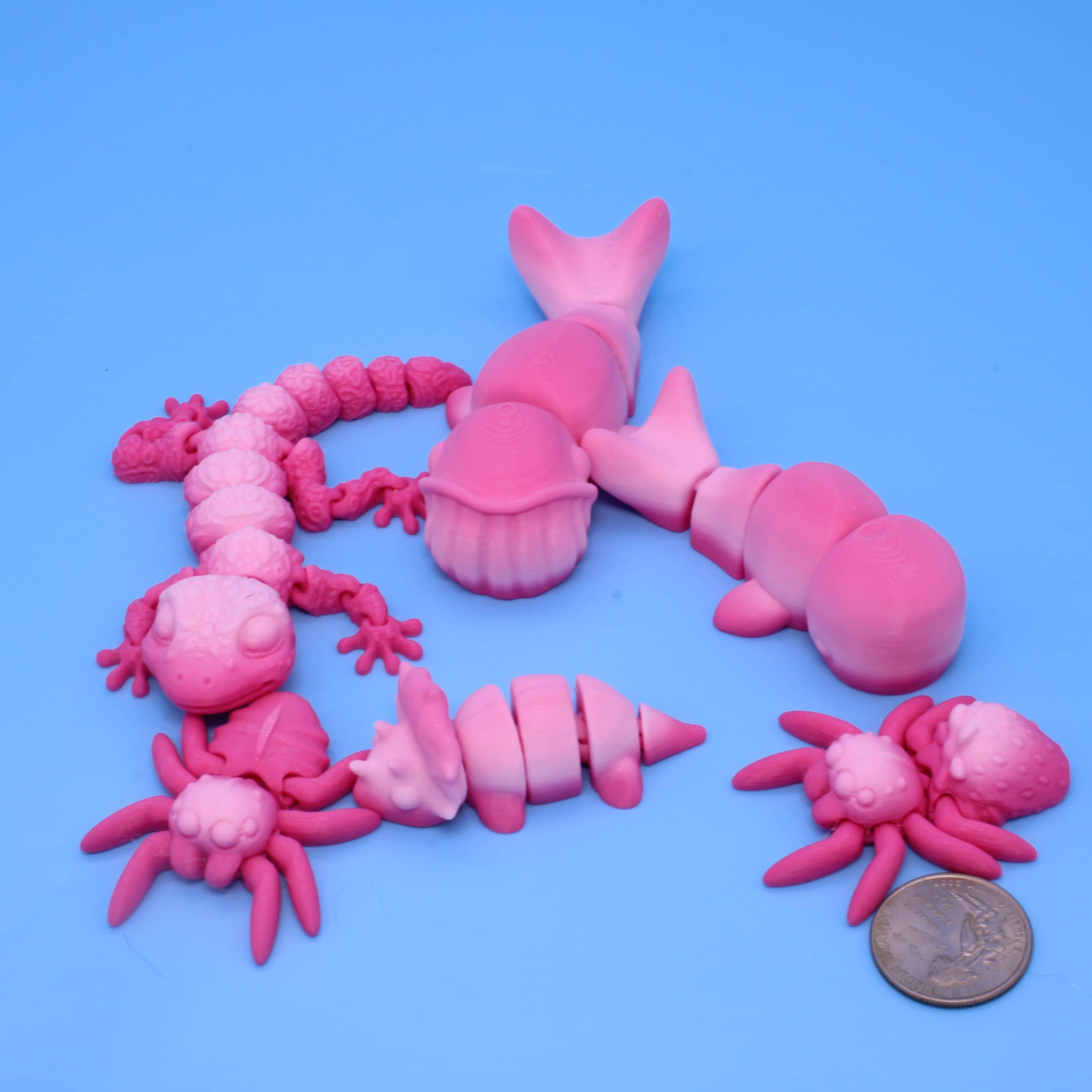 Mixed Lot of Pink Random Gradient, Spiders, Geckos, Whales, & Triceratops | 3D Printed