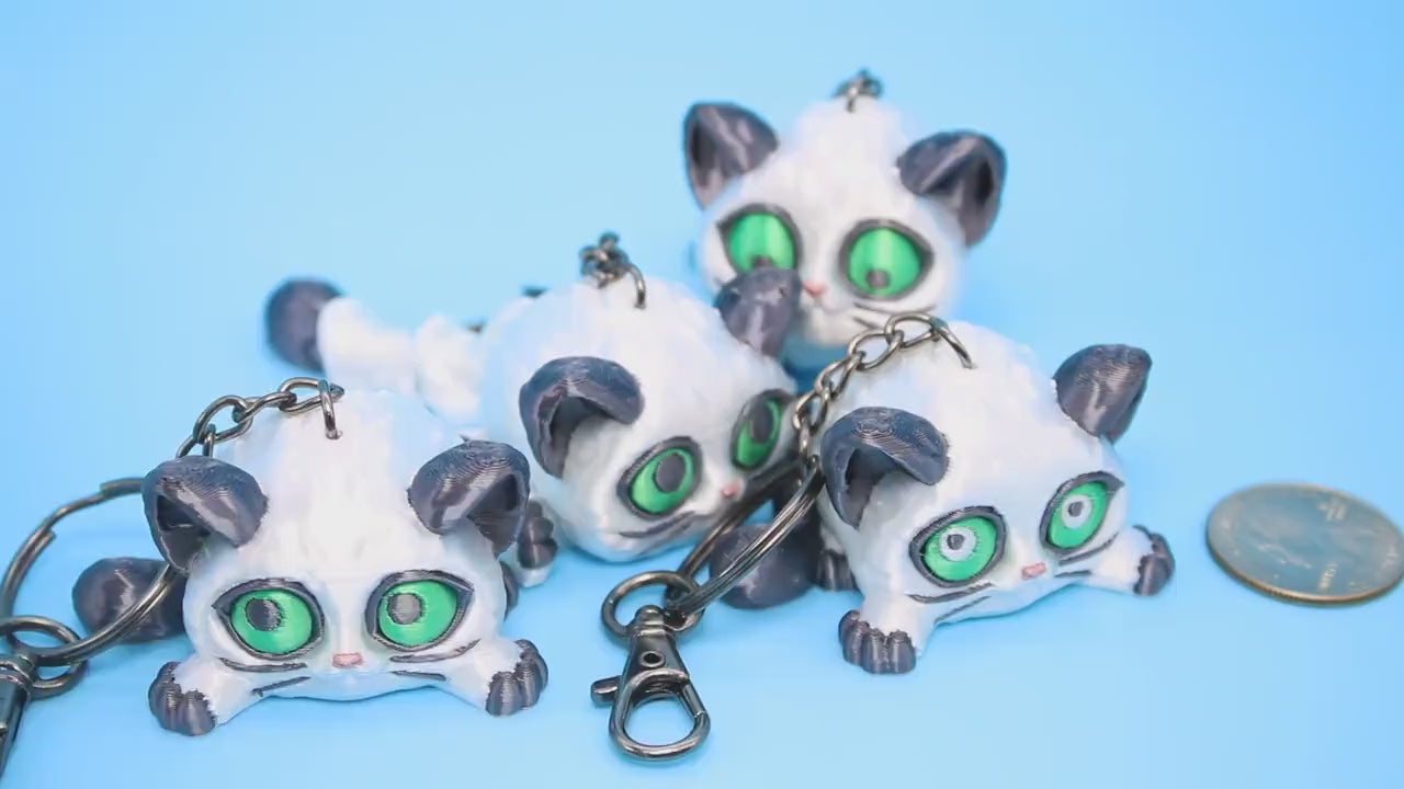 White / Black Cat Puff Keychain - 3D Printed