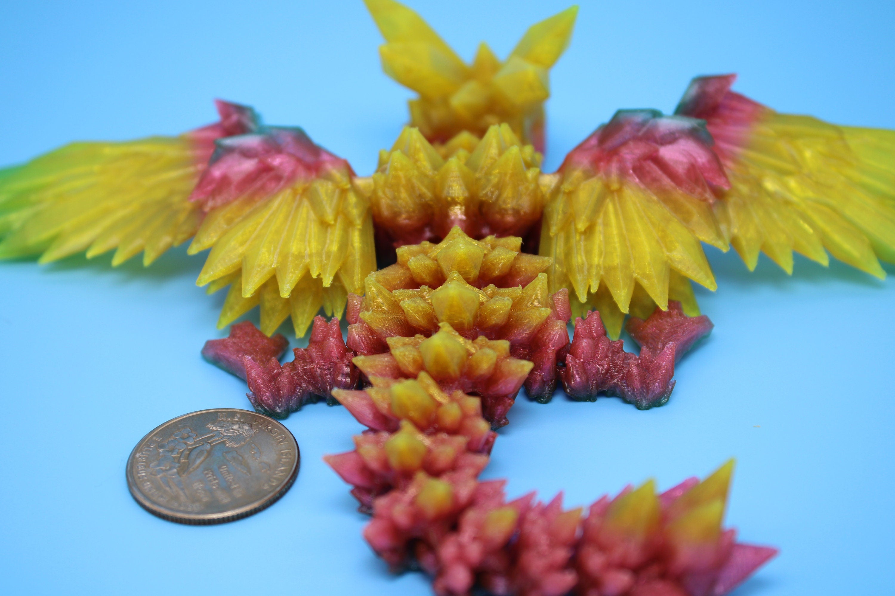 Flexible Miniature Baby Crystal Winged Dragon | Rainbow | 3D Printed Articulating Toy Fidget | Flexi Toy 7 in. head to tail | Stress Relief