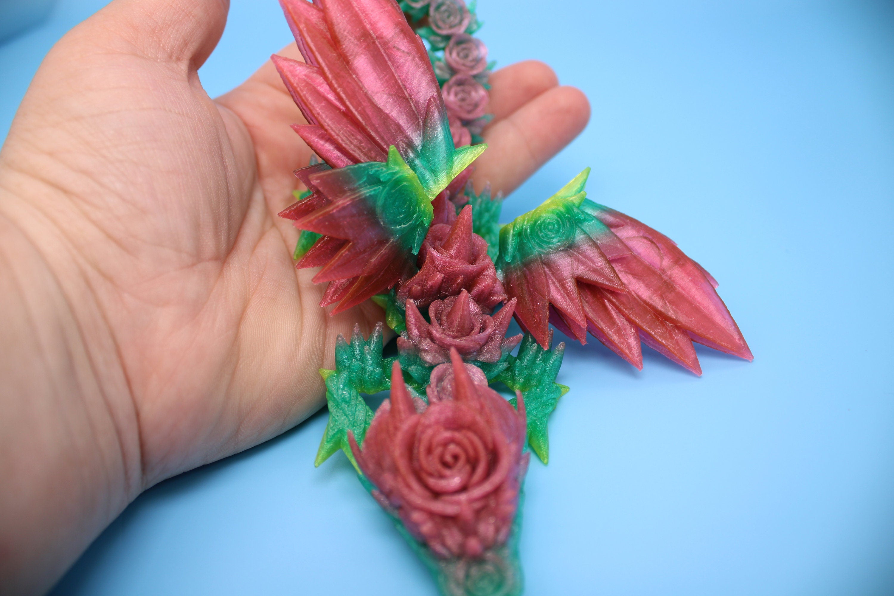 Flexible Miniature Baby Rose Wing Dragon | Rainbow | 3D printed articulating Toy Fidget | Flexi Toy 8.5 in. head to tail | Stress Relief.