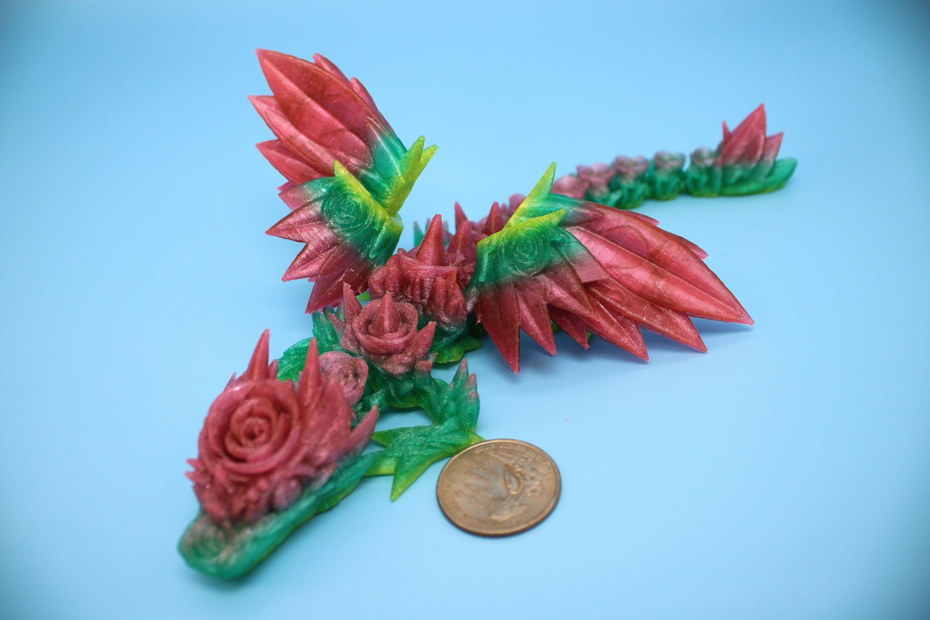 Flexible Miniature Baby Rose Wing Dragon | Rainbow | 3D printed articulating Toy Fidget | Flexi Toy 8.5 in. head to tail | Stress Relief.