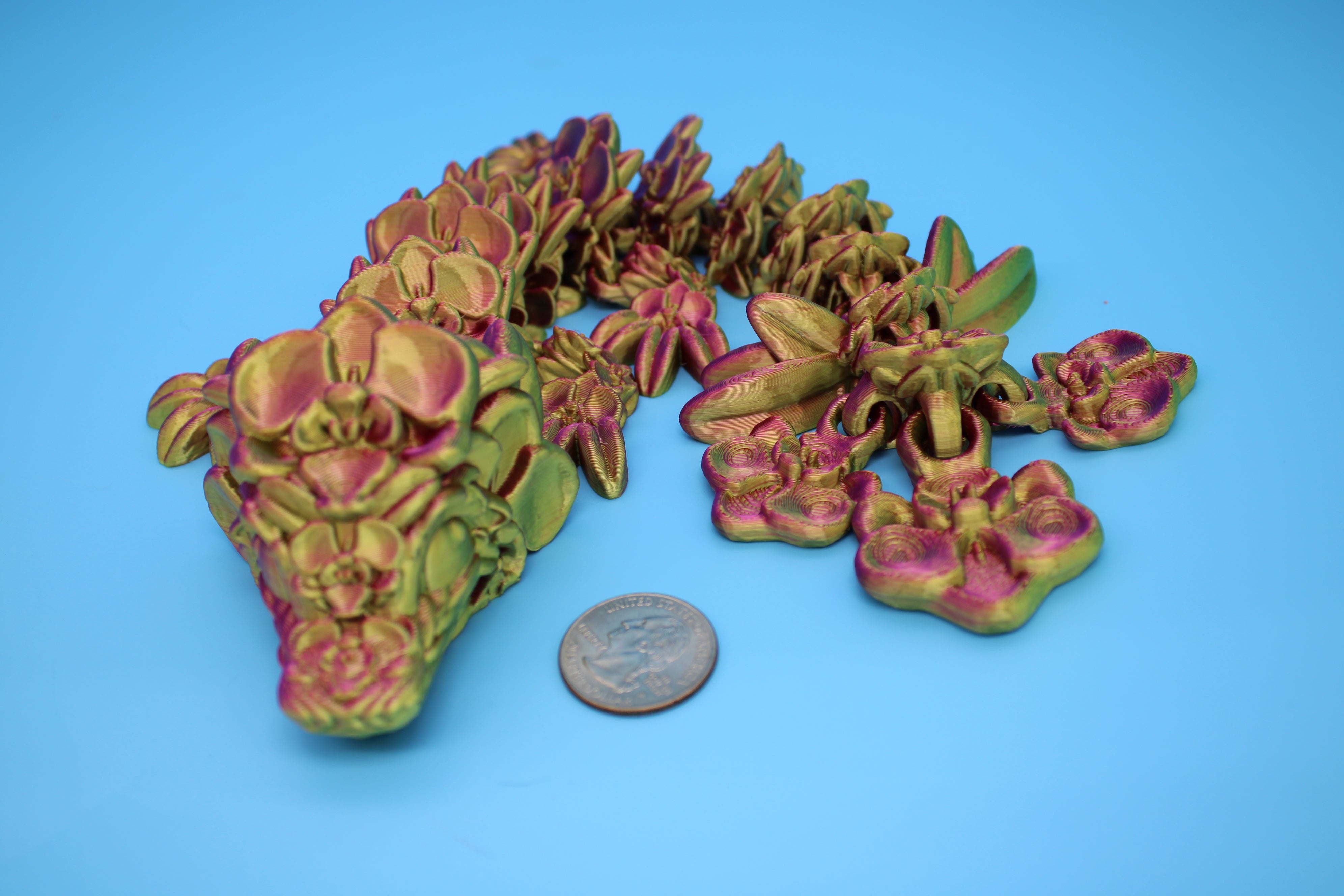 Multi Color Orchid Dragon | 3D Printed Articulating Dragon | Flexi Toy | Adult Fidget Toy | Dragon Buddy ready for you! 12.5 inch.