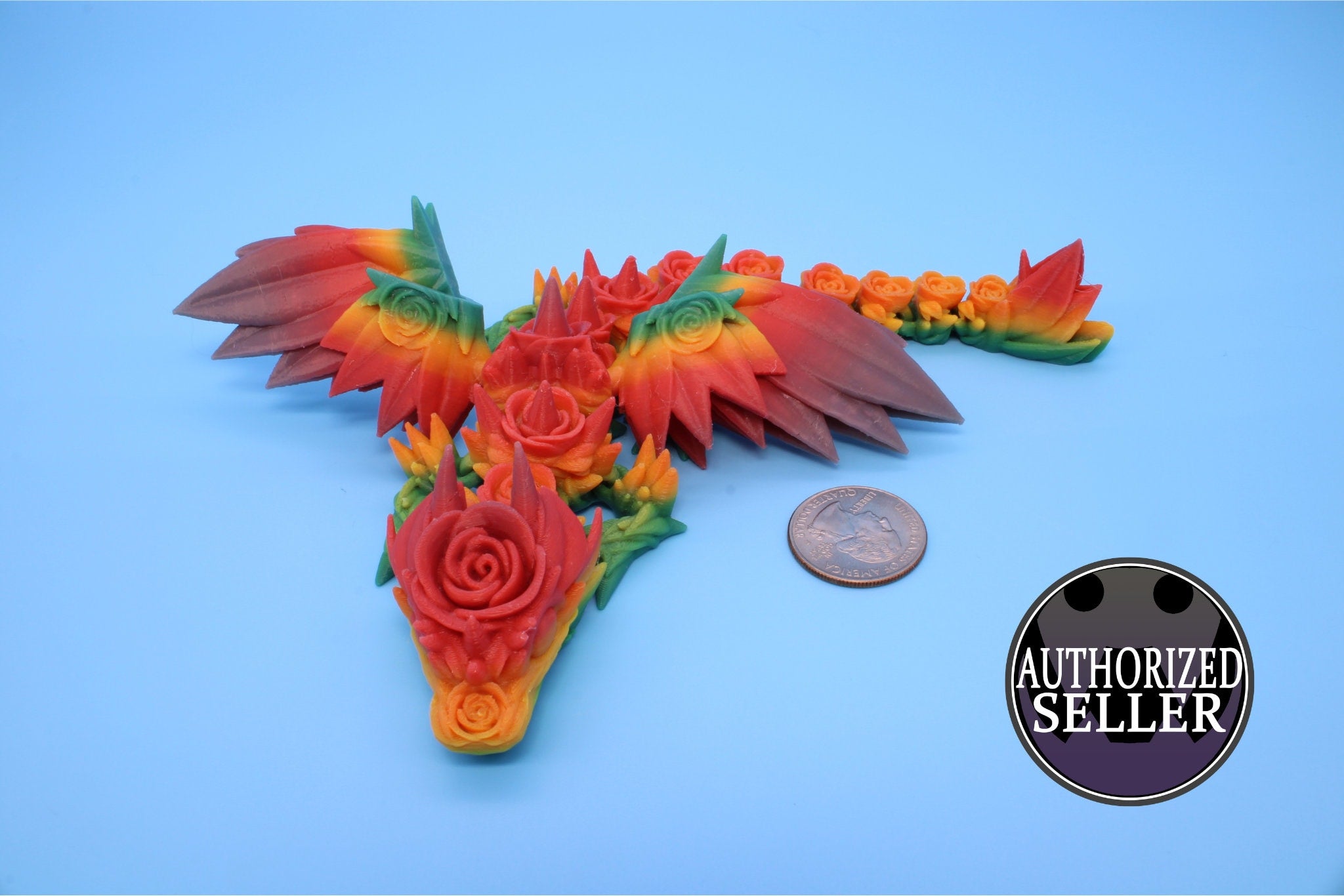 Miniature Baby Rose Wing Dragon | Rainbow | 3D printed articulating Toy Fidget | Flexi Toy 8.5 in. head to tail | Stress Relief Gift