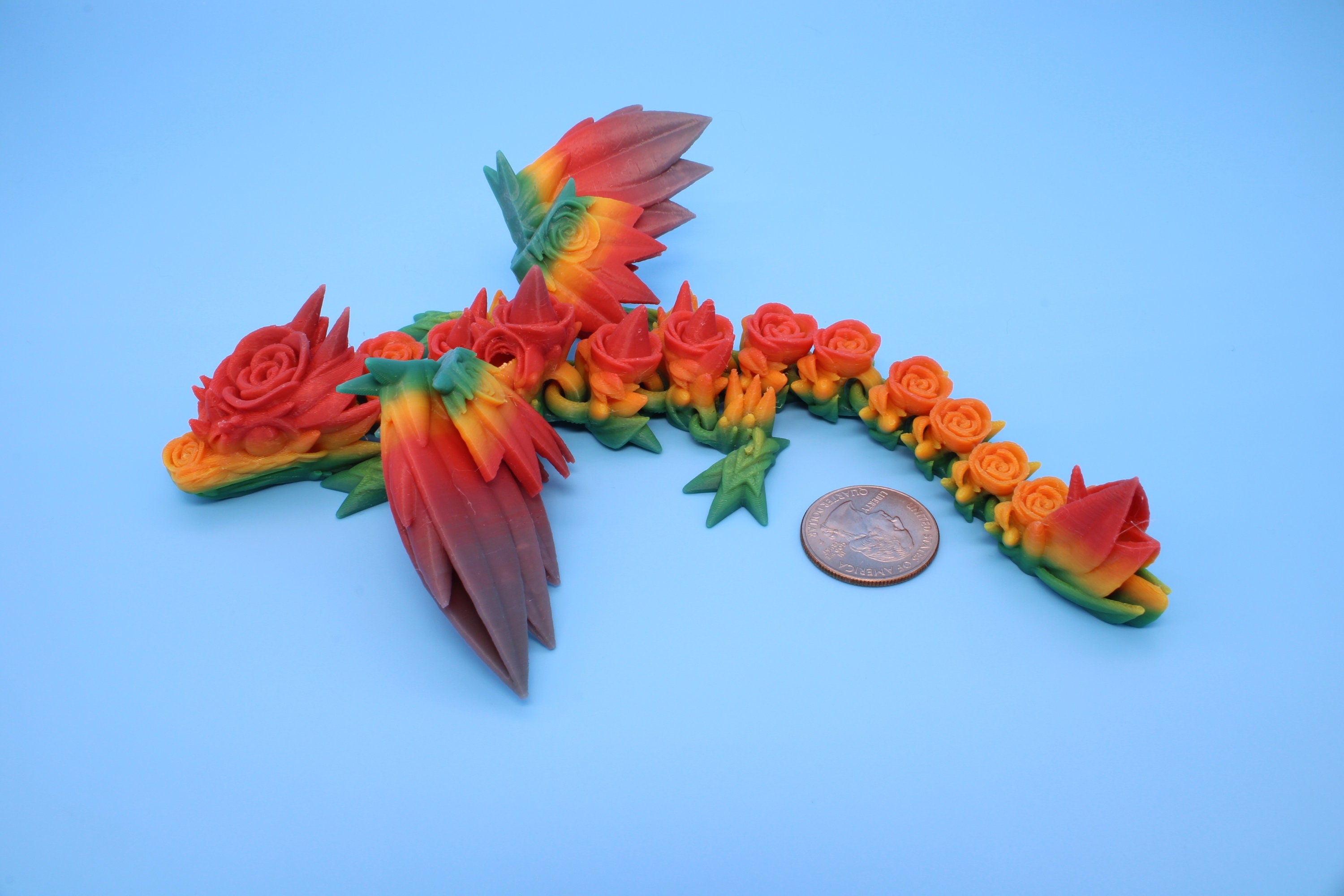 Miniature Baby Rose Wing Dragon | Rainbow | 3D printed articulating Toy Fidget | Flexi Toy 8.5 in. head to tail | Stress Relief Gift