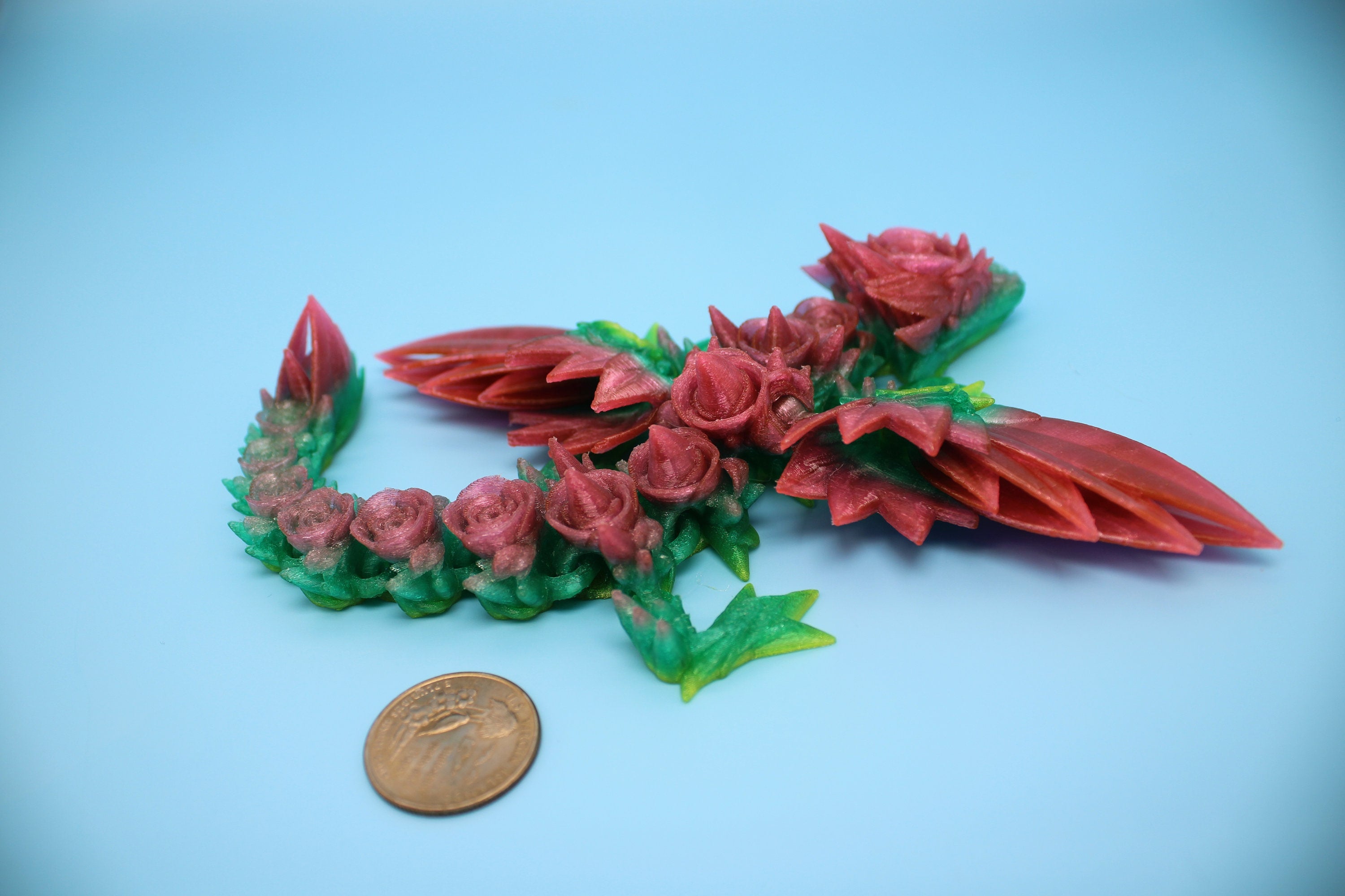 Flexible Miniature Baby Rose Wing Dragon | Rainbow | 3D printed articulating Toy Fidget | Flexi Toy 8.5 in. head to tail | Stress Relief.